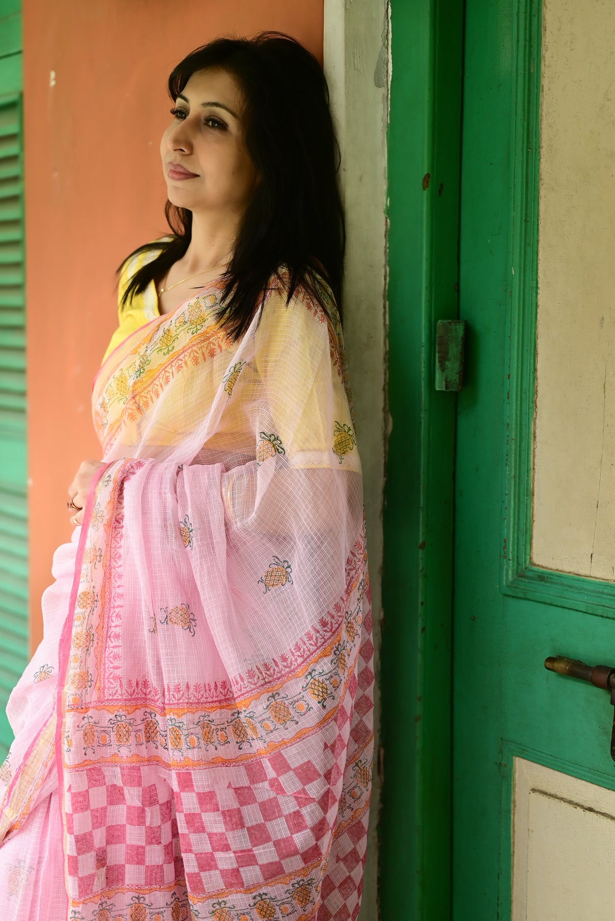 Pink Pineapple Print Kota Cotton Saree