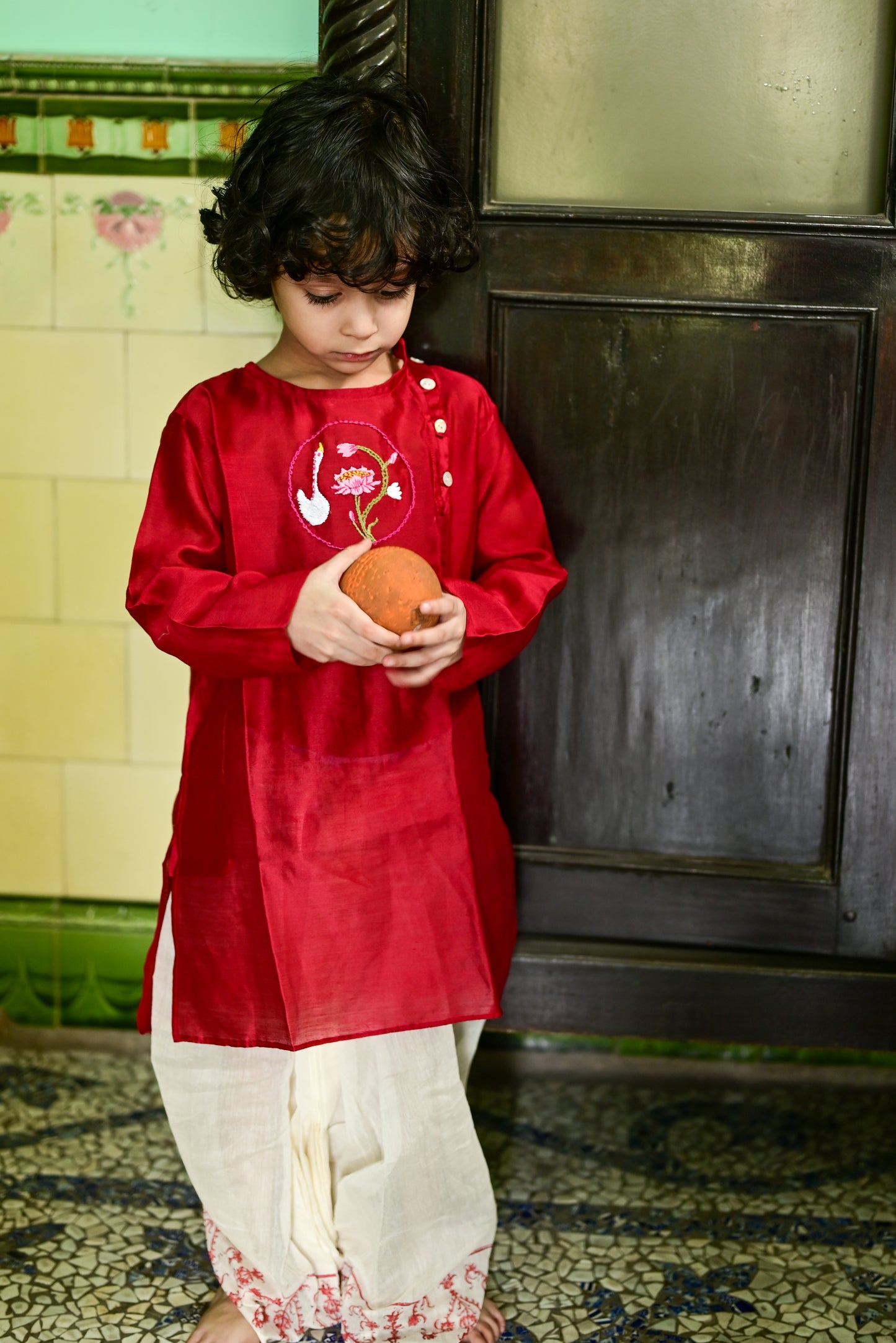MAROON CHANDERI EMBROIDERED KIDS KURTA- DHUTI SET