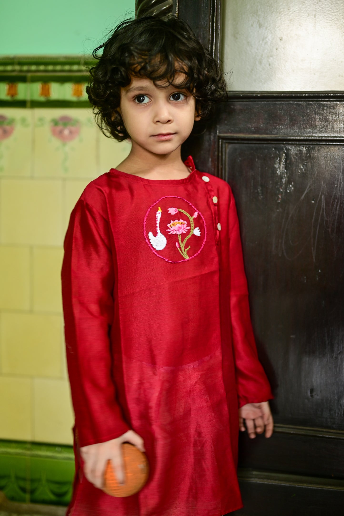 MAROON CHANDERI EMBROIDERED KIDS KURTA- DHUTI SET