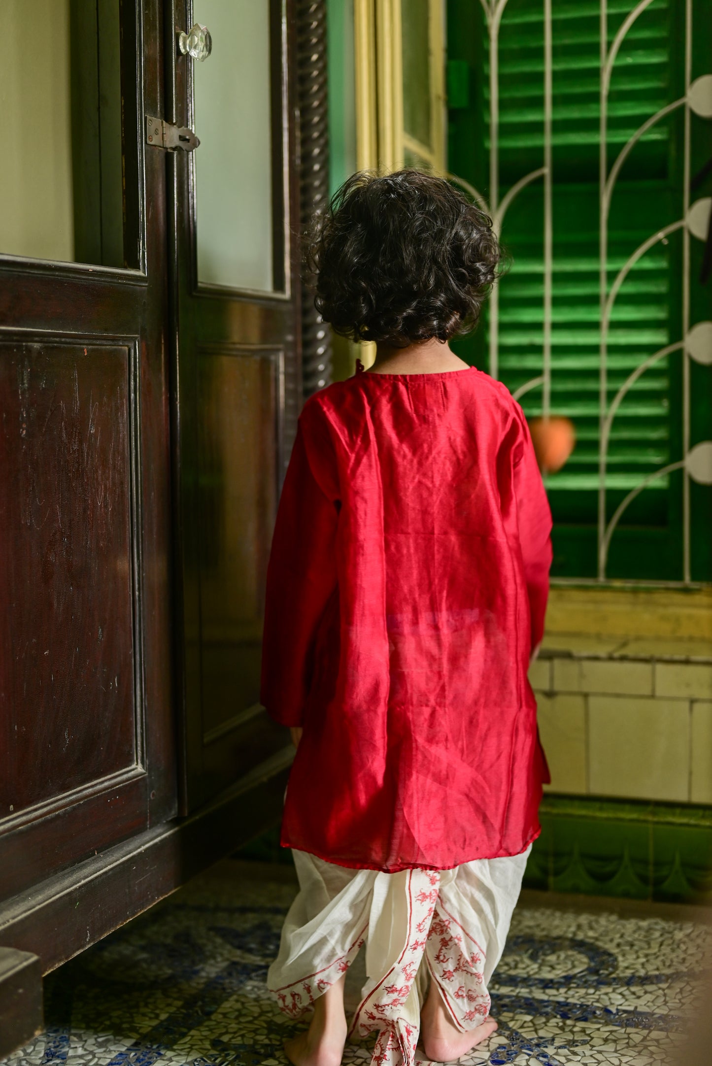 MAROON CHANDERI EMBROIDERED KIDS KURTA- DHUTI SET