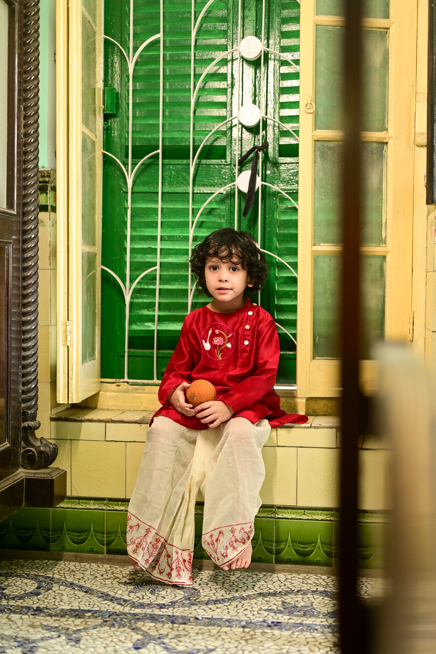 MAROON CHANDERI EMBROIDERED KIDS KURTA- DHUTI SET