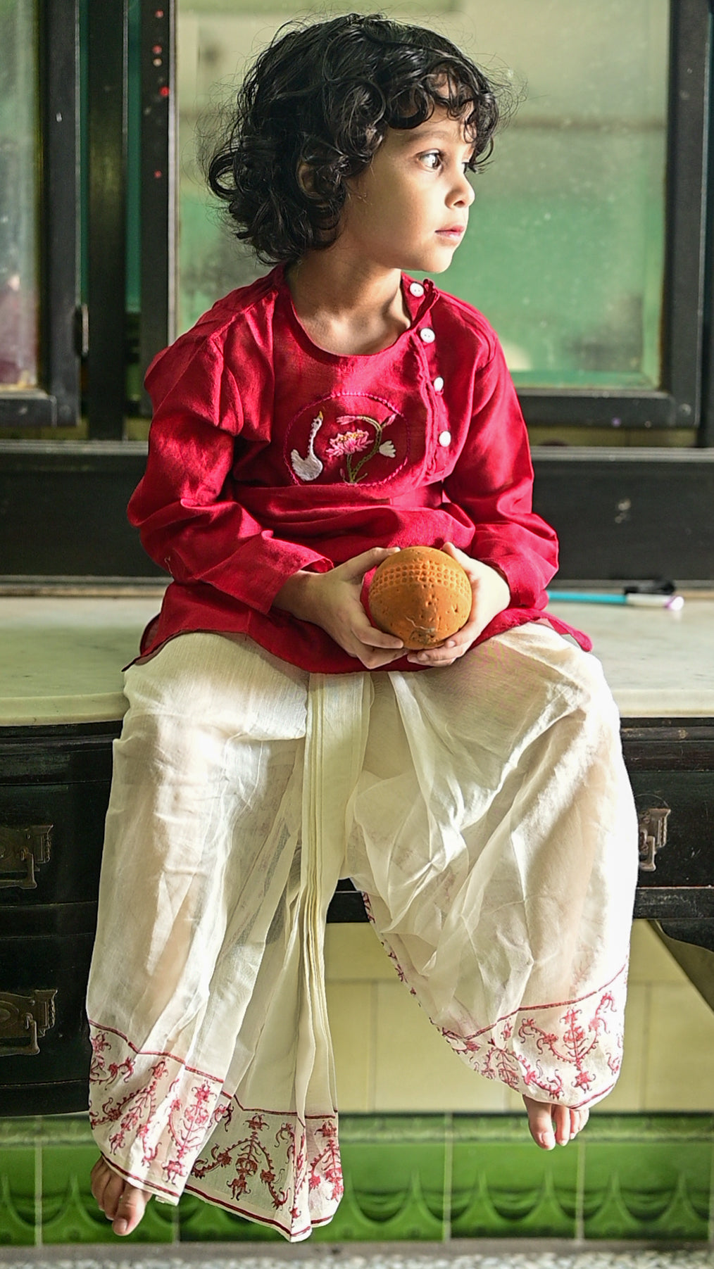 MAROON CHANDERI EMBROIDERED KIDS KURTA- DHUTI SET