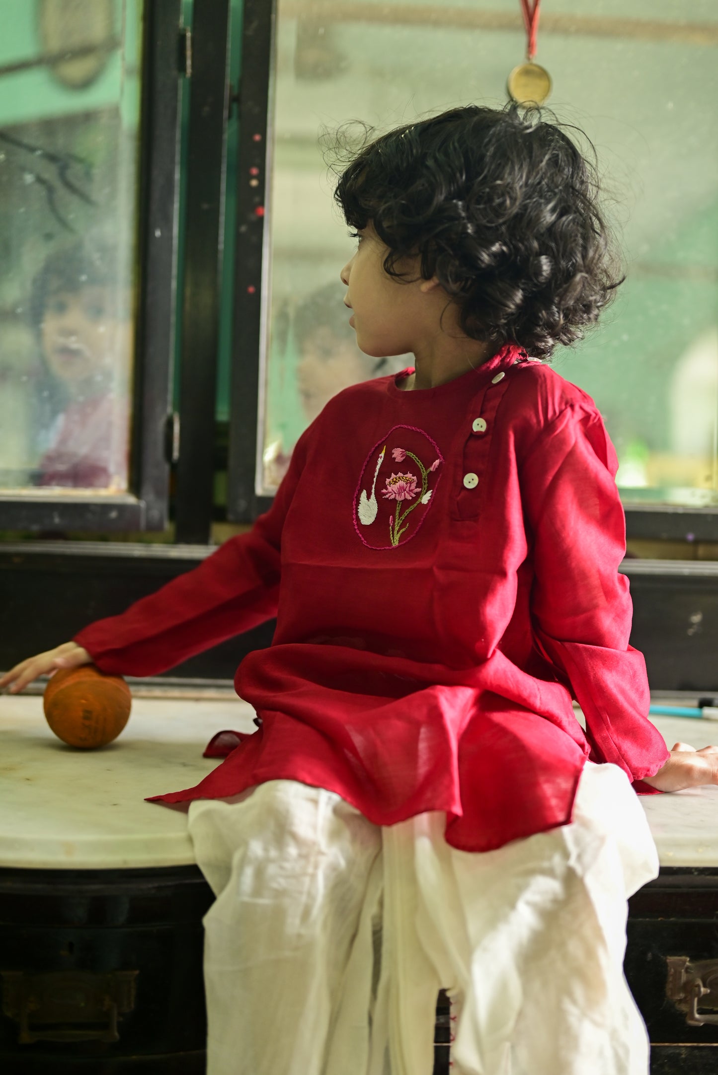 MAROON CHANDERI EMBROIDERED KIDS KURTA- DHUTI SET