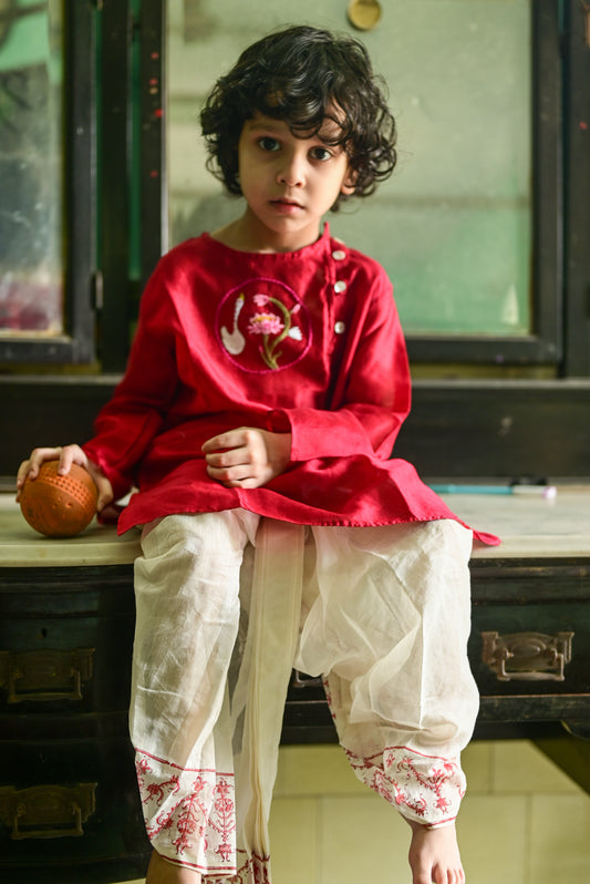 MAROON AJANTA EMBROIDERED KIDS KURTA- DHUTI SET