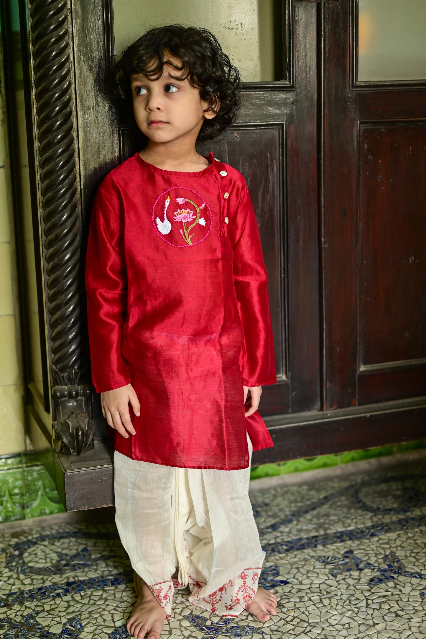 MAROON CHANDERI EMBROIDERED KIDS KURTA- DHUTI SET