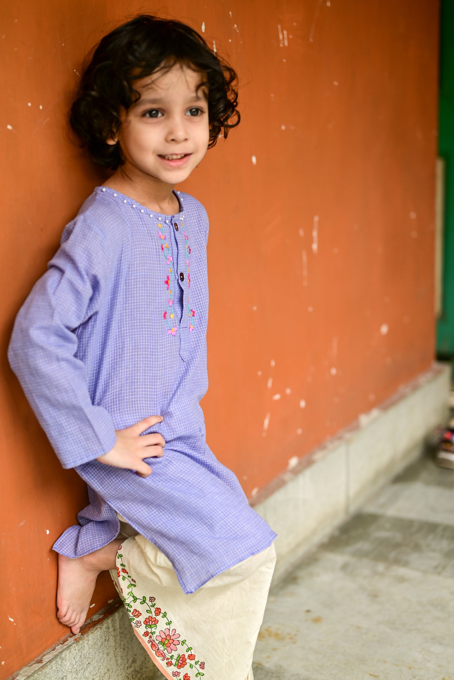 MAUVE CHECK EMBROIDERED KIDS KURTA- DHUTI SET