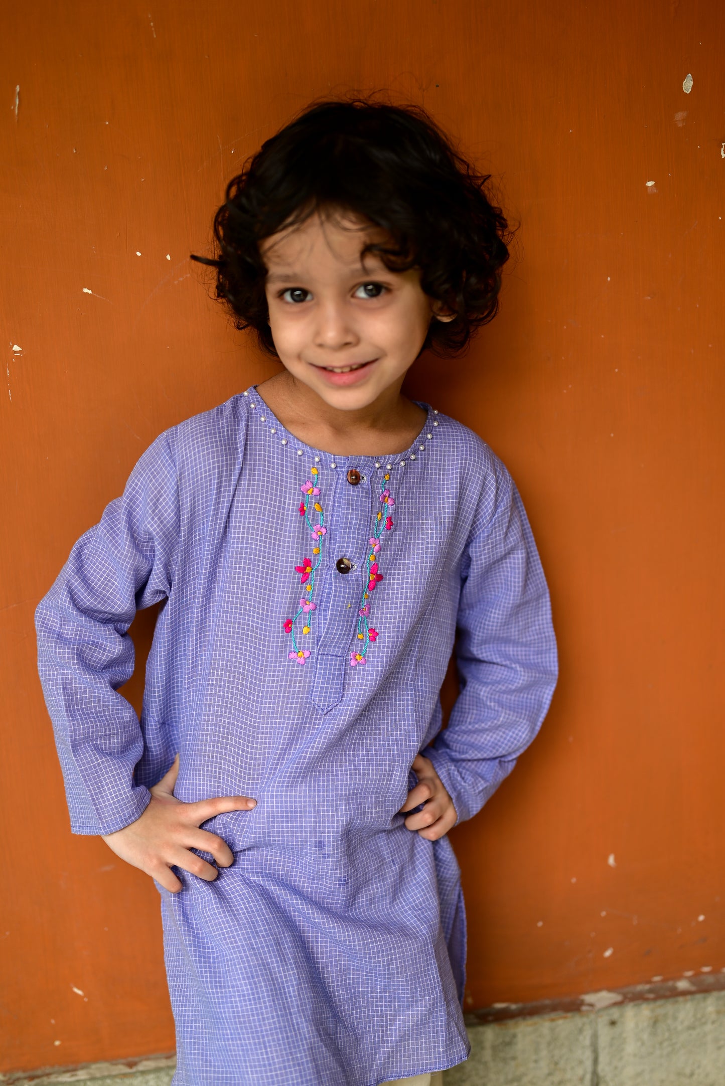 MAUVE CHECK EMBROIDERED KIDS KURTA- DHUTI SET