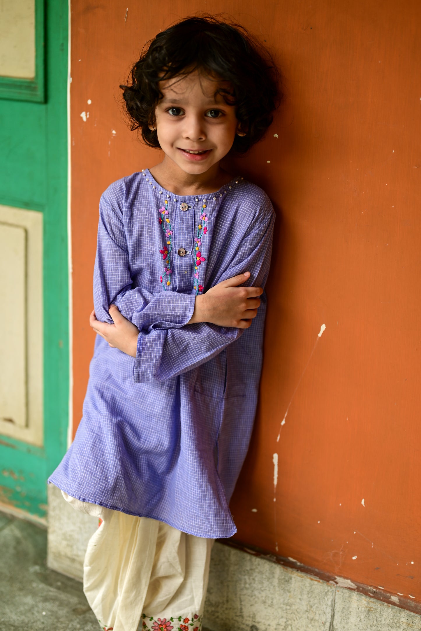 MAUVE CHECK EMBROIDERED KIDS KURTA- DHUTI SET