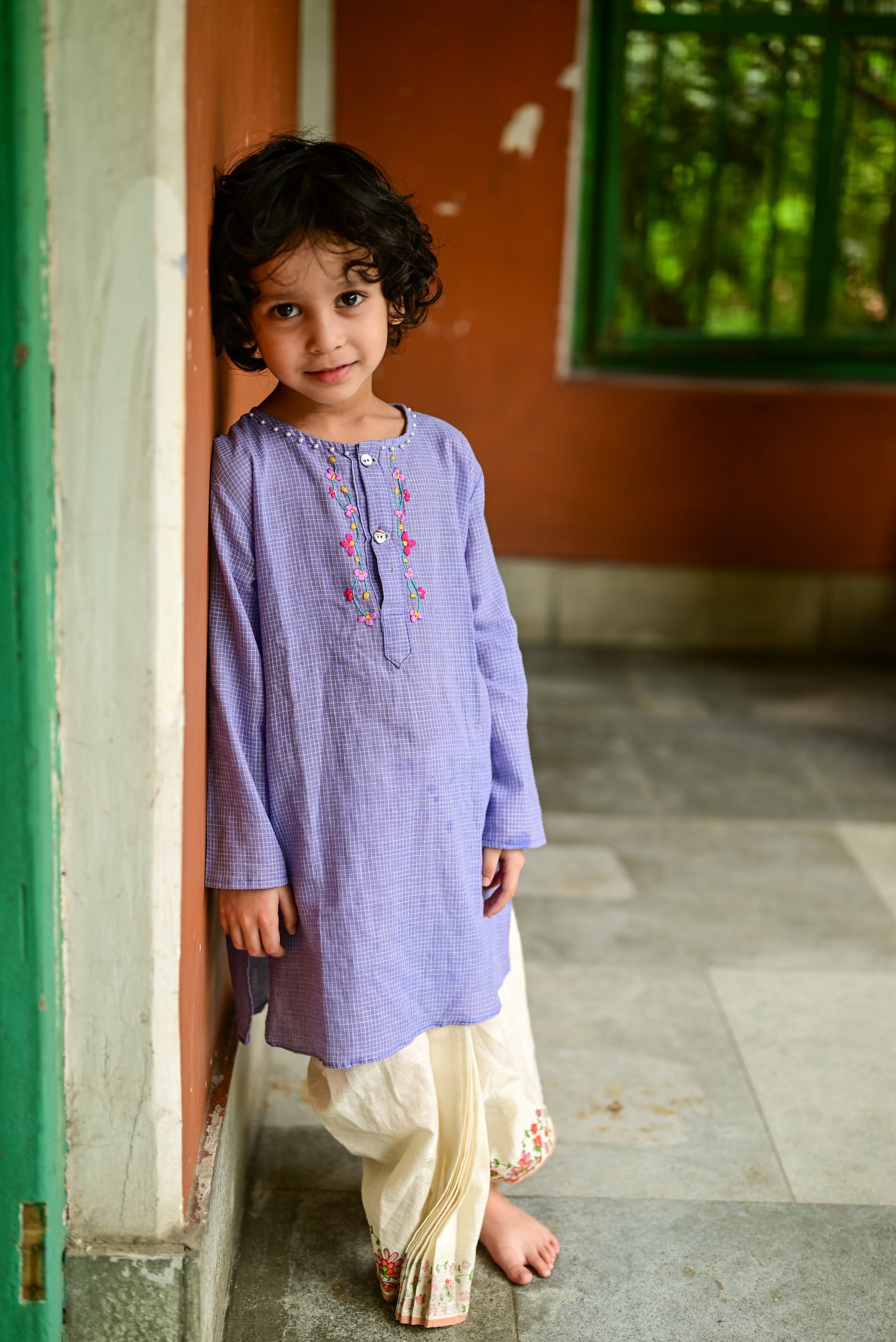 MAUVE CHECK EMBROIDERED KIDS KURTA- DHUTI SET