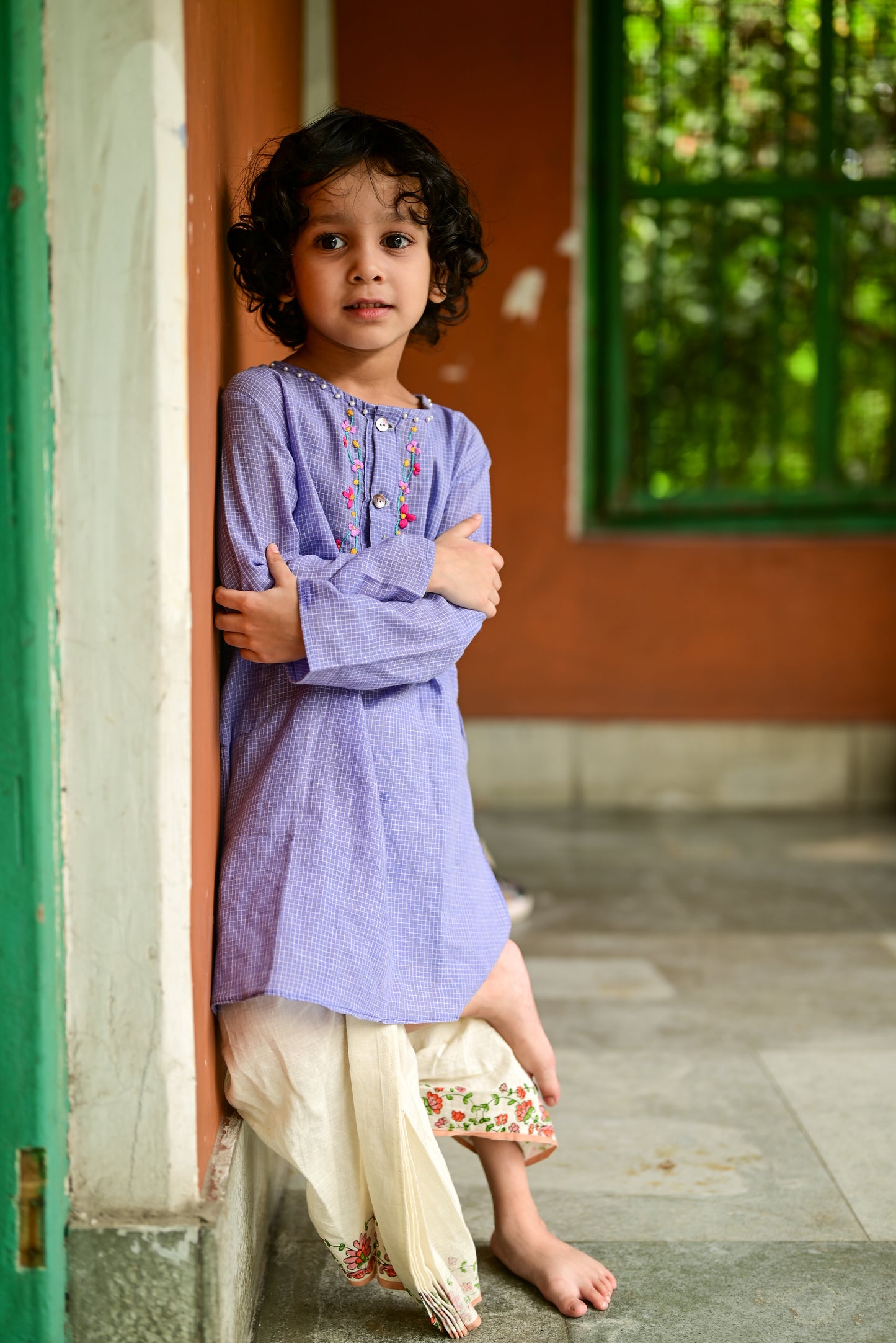 MAUVE CHECK EMBROIDERED KIDS KURTA- DHUTI SET