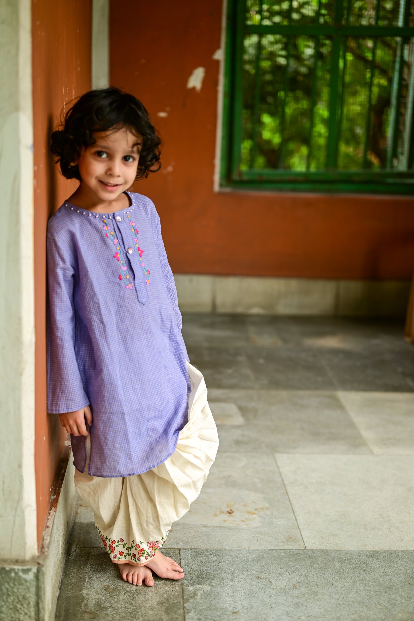 MAUVE CHECK EMBROIDERED KIDS KURTA- DHUTI SET