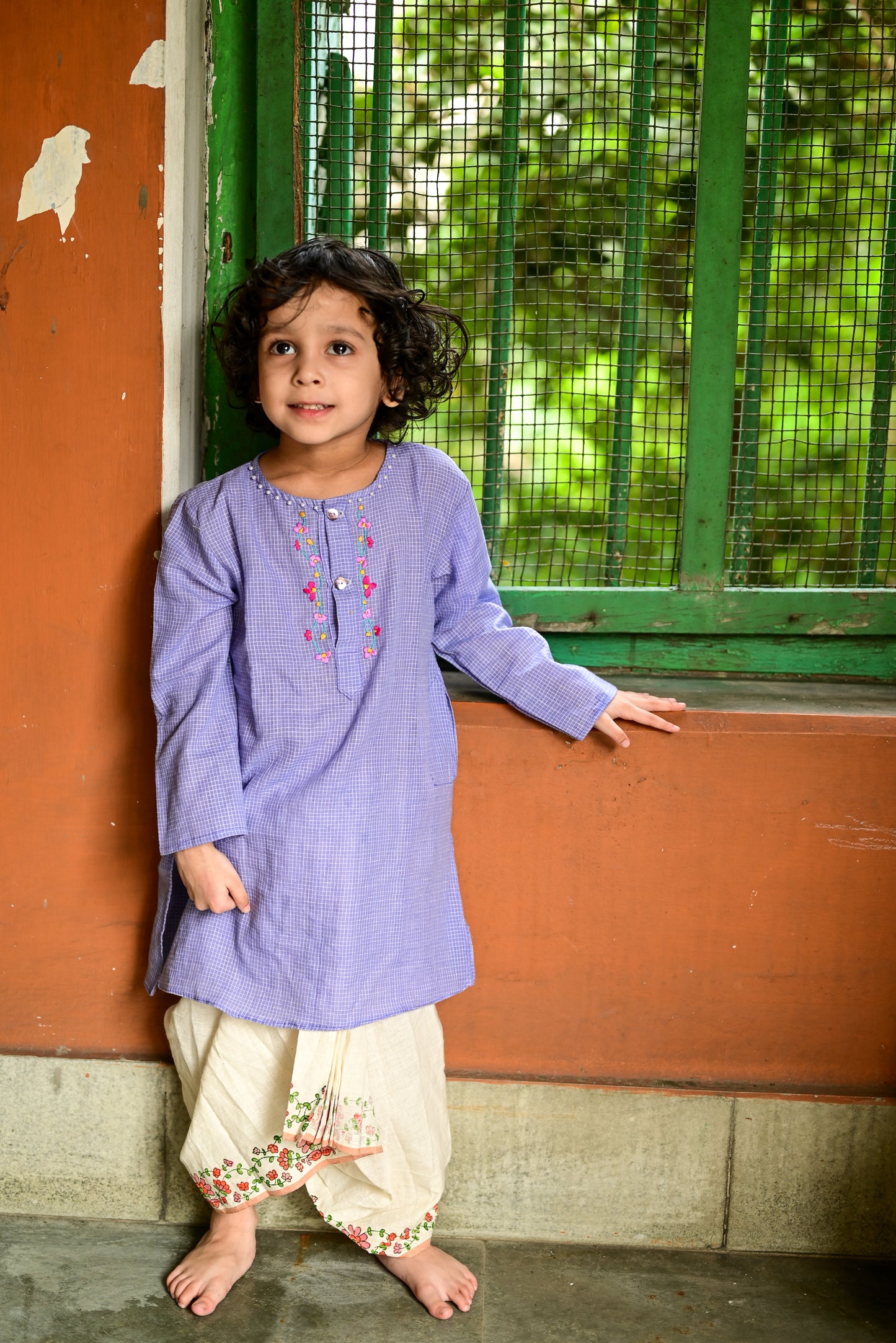 MAUVE CHECK EMBROIDERED KIDS KURTA- DHUTI SET