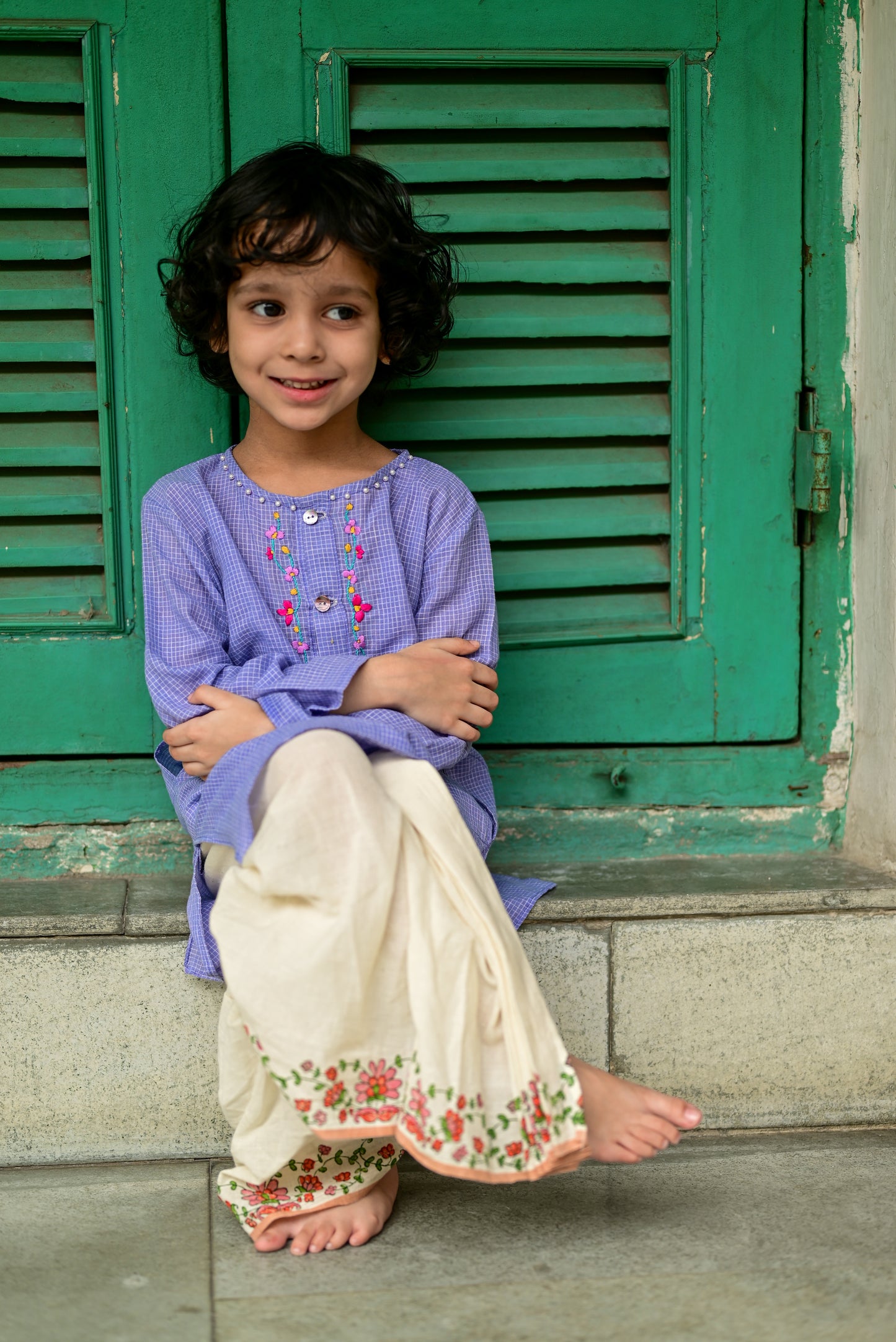 MAUVE CHECK EMBROIDERED KIDS KURTA- DHUTI SET