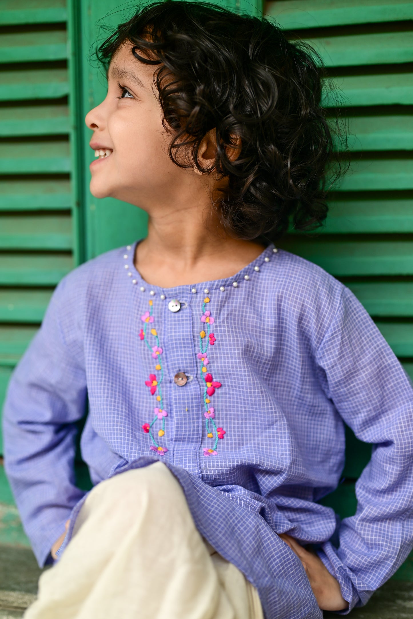 MAUVE CHECK EMBROIDERED KIDS KURTA- DHUTI SET