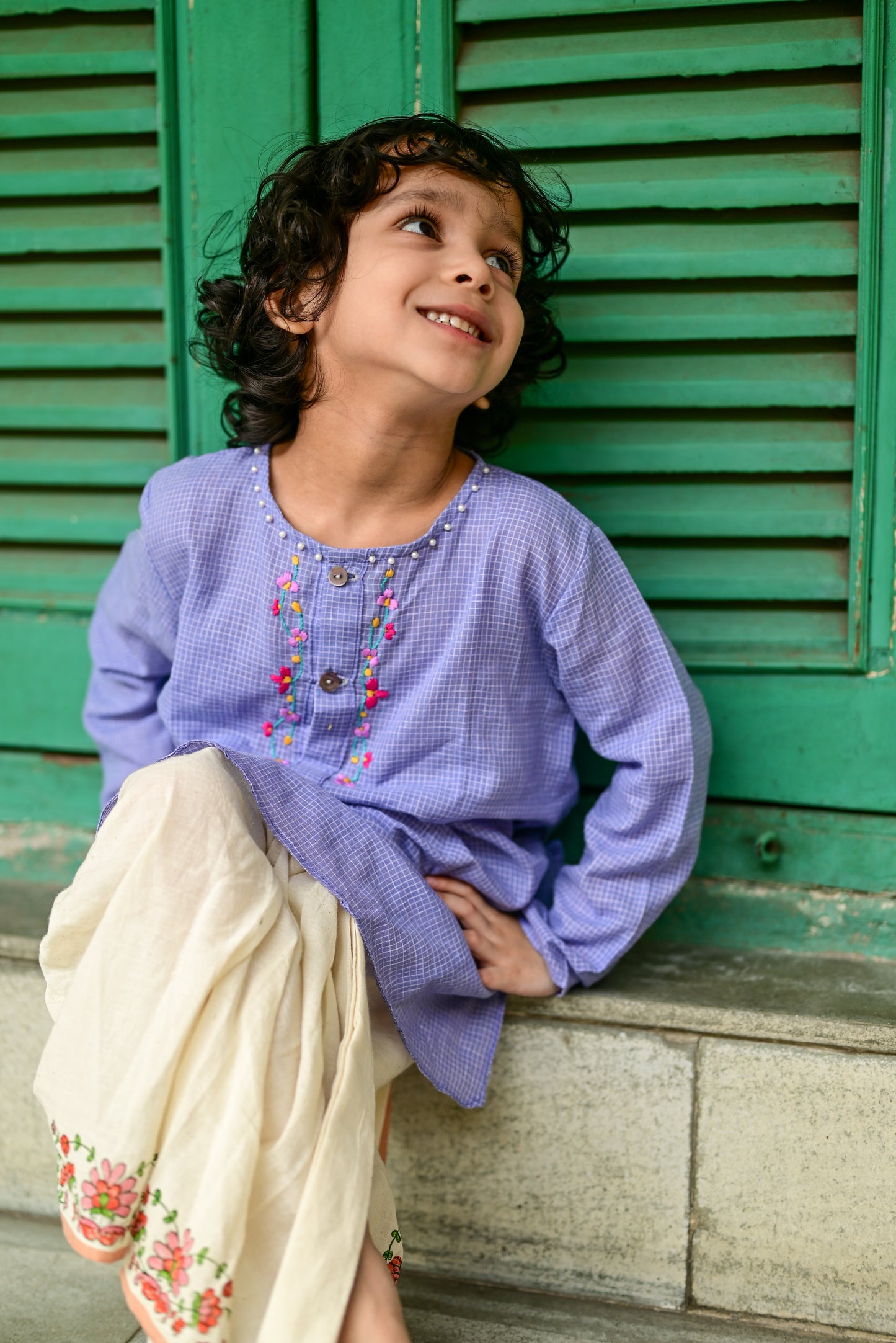 MAUVE CHECK EMBROIDERED KIDS KURTA- DHUTI SET