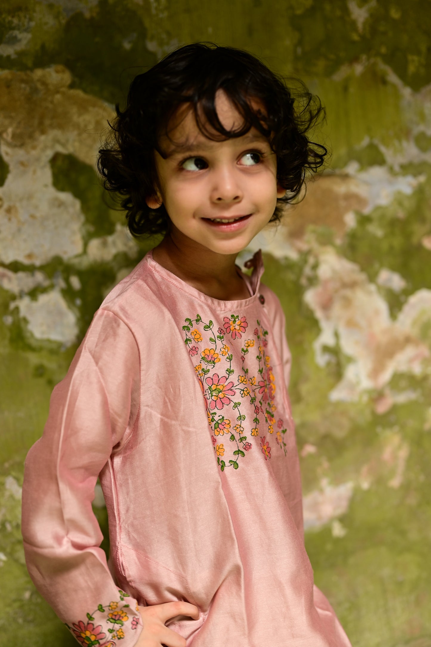 PINK CHANDERI PRINTED KIDS KURTA- DHUTI SET