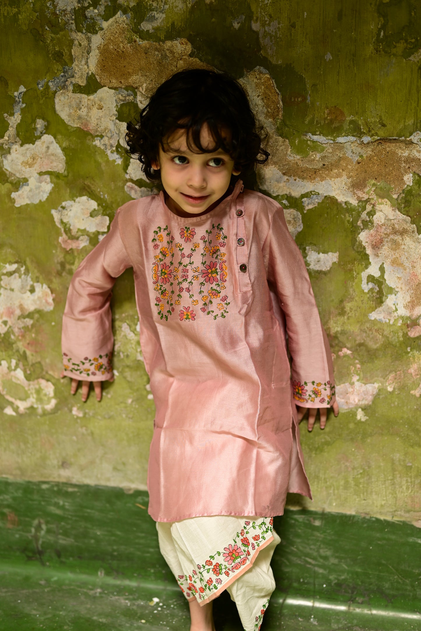 PINK CHANDERI PRINTED KIDS KURTA- DHUTI SET