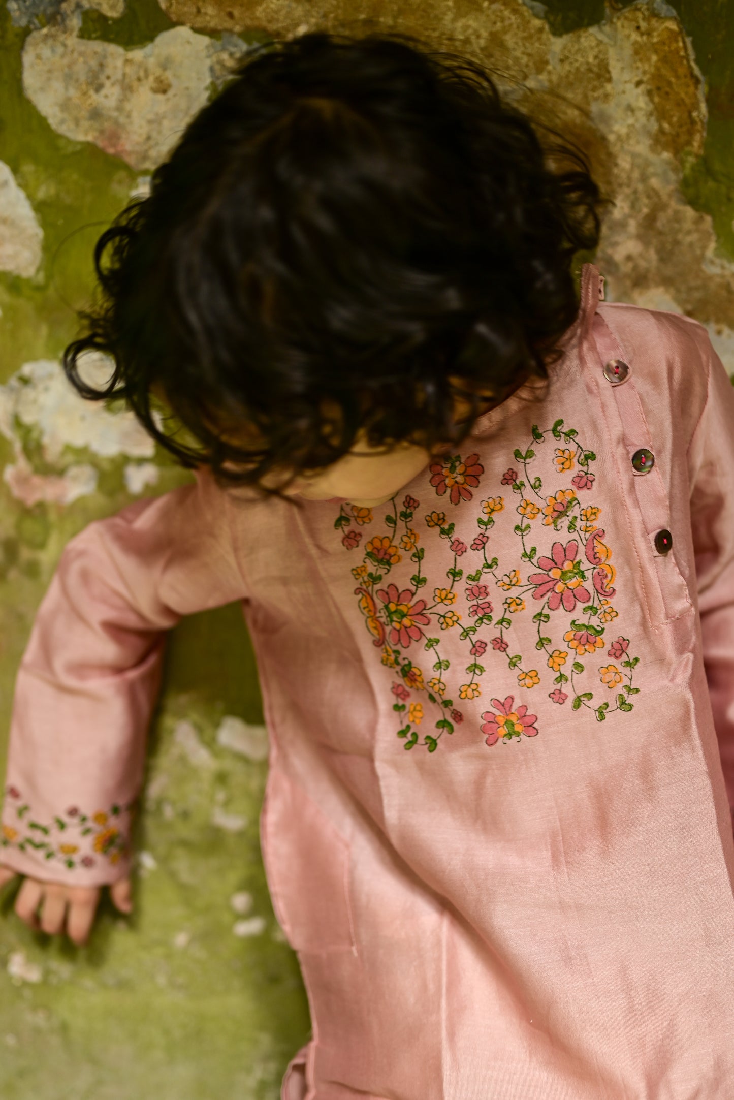 PINK CHANDERI PRINTED KIDS KURTA- DHUTI SET
