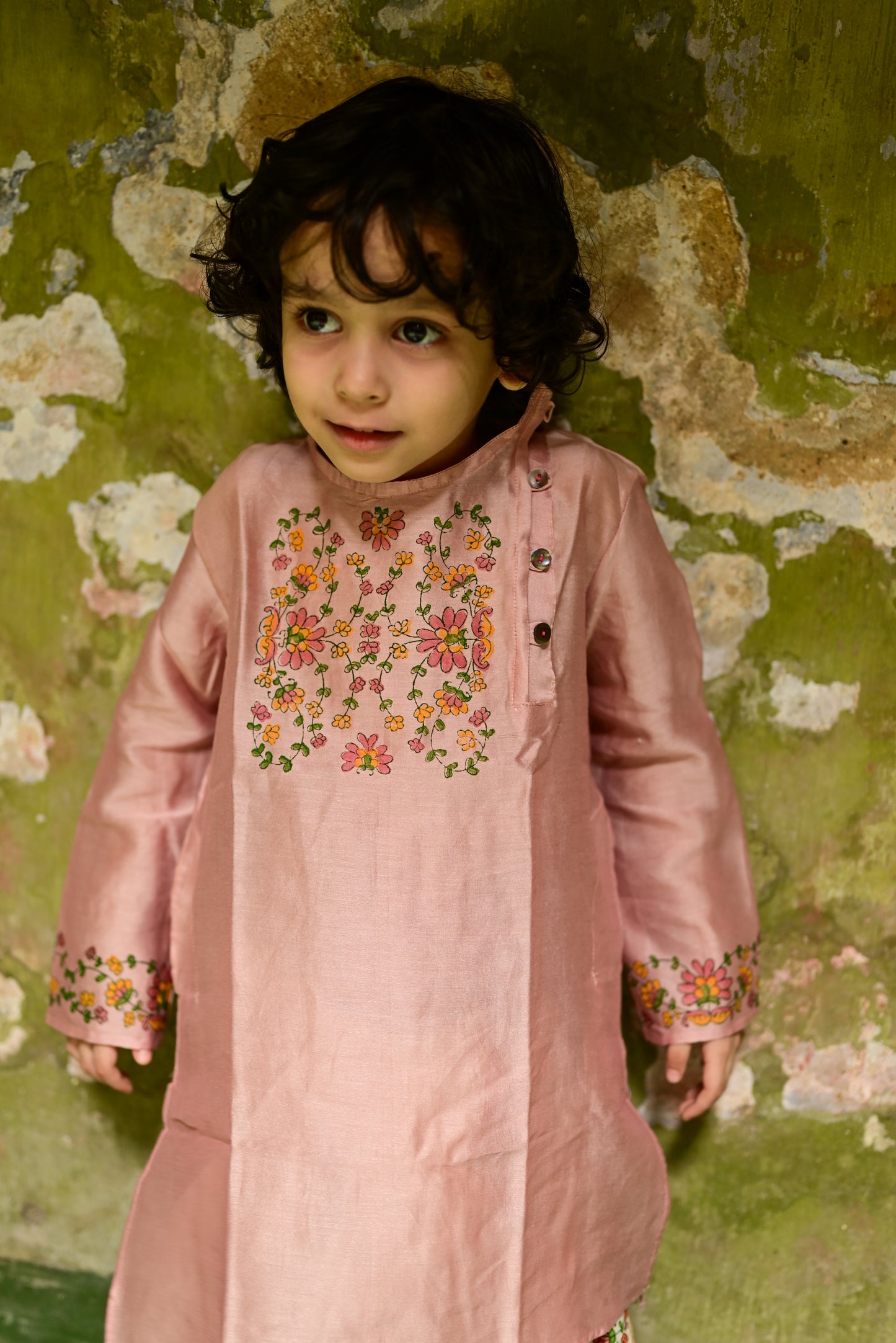 PINK CHANDERI PRINTED KIDS KURTA- DHUTI SET