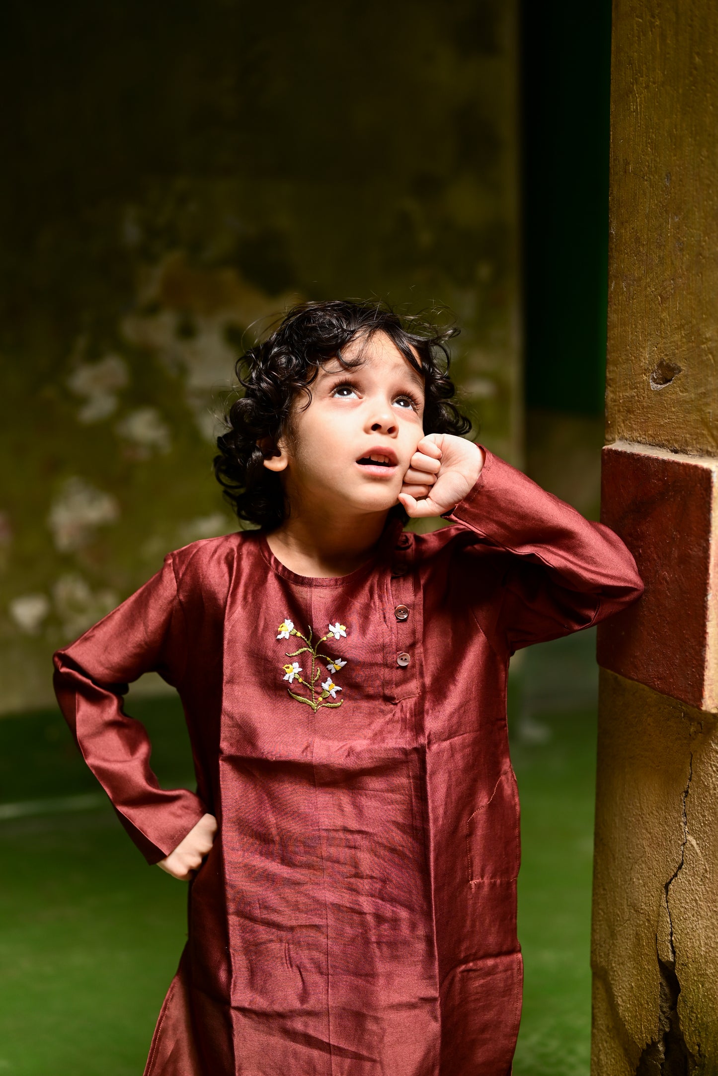 BROWN DAFFODIL EMBROIDERED KIDS KURTA- BLUE DHUTI SET