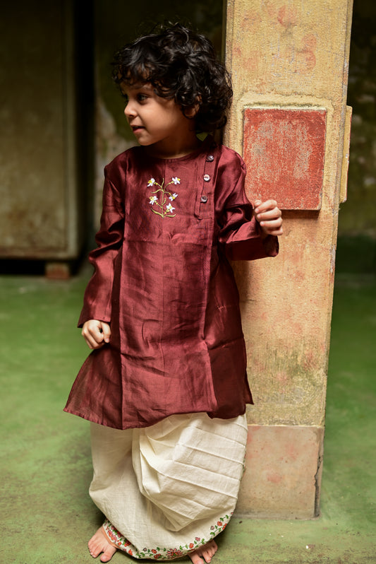 BROWN DAFFODIL EMBROIDERED KIDS KURTA- BLUE DHUTI SET