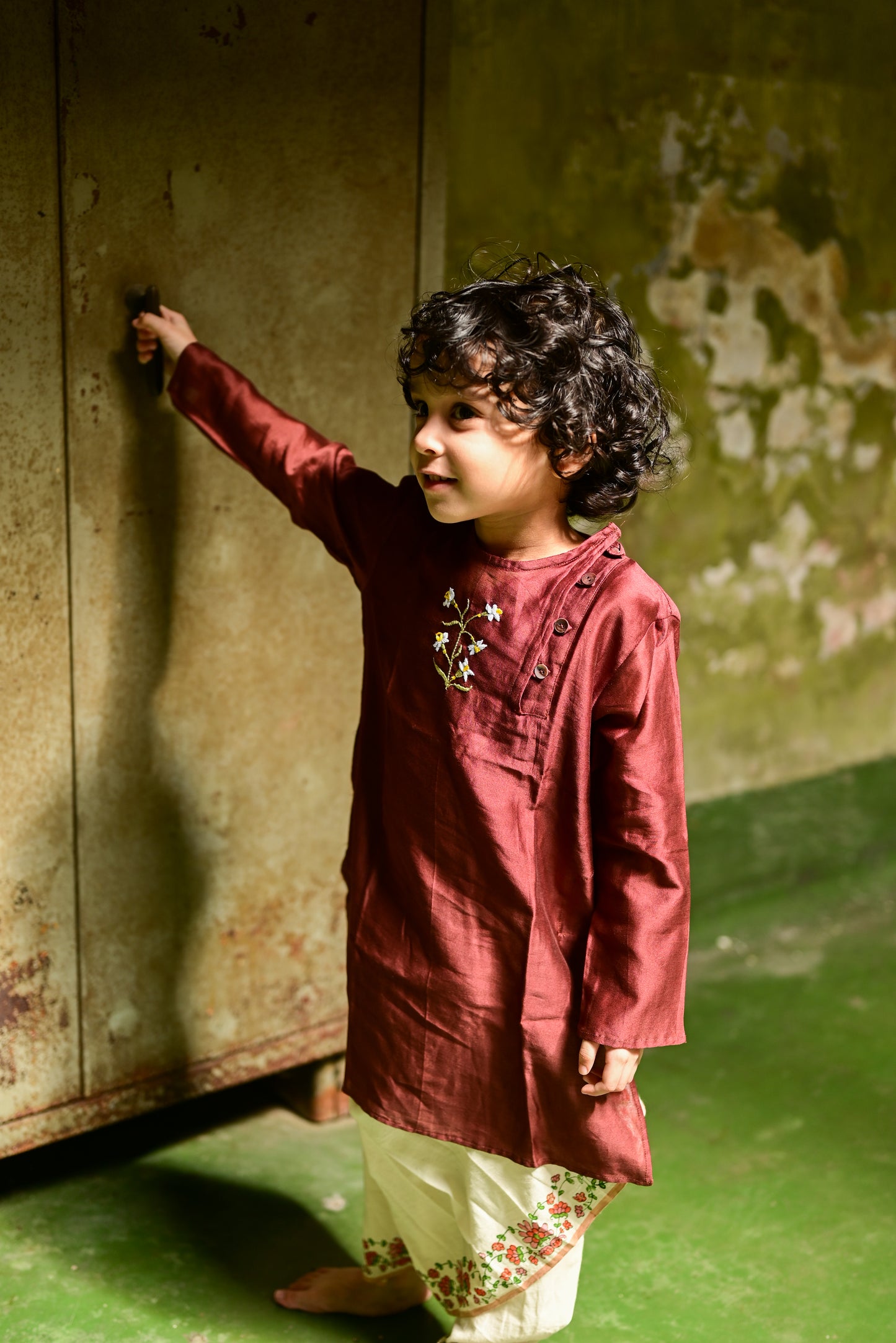 BROWN DAFFODIL EMBROIDERED KIDS KURTA- BLUE DHUTI SET