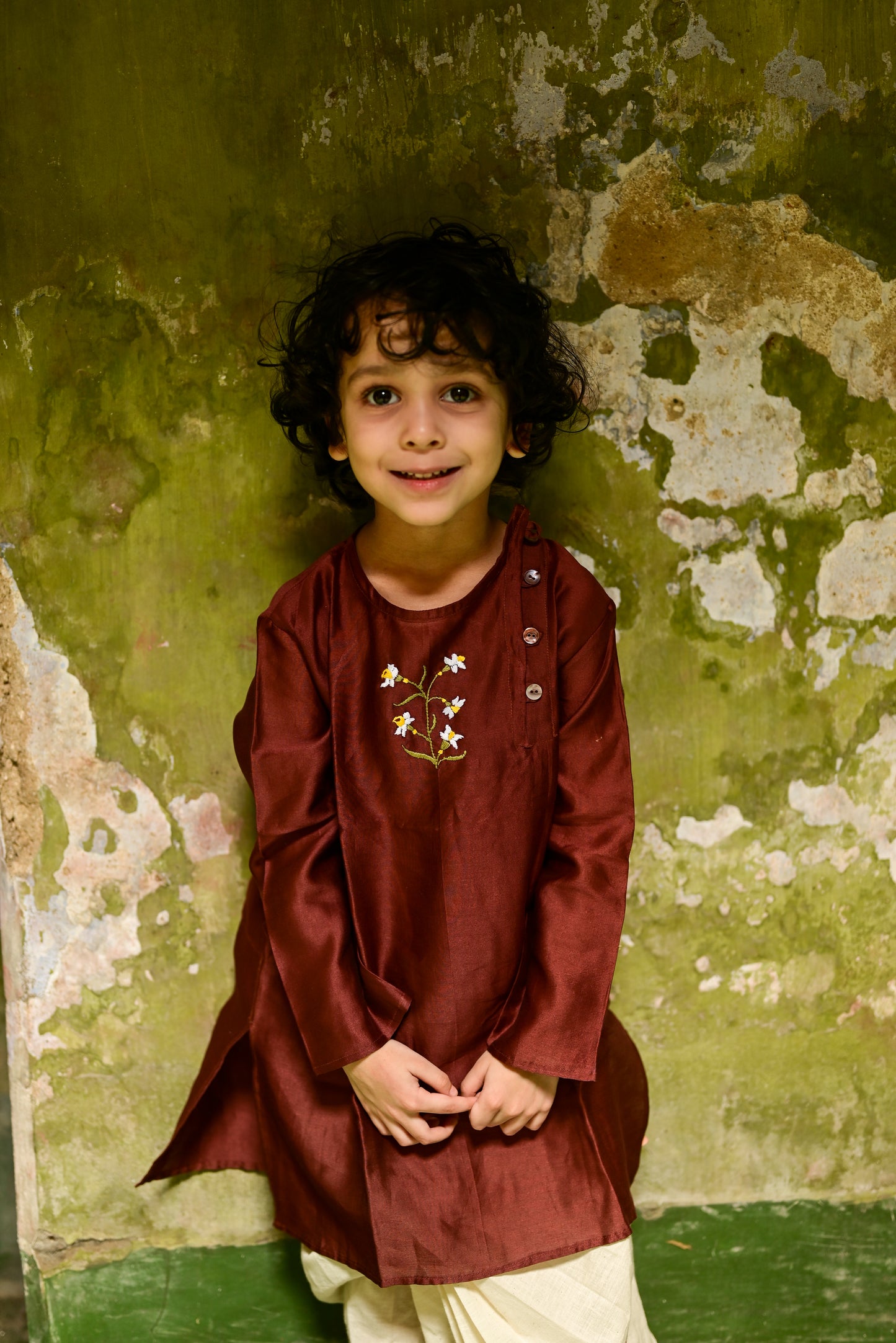 BROWN DAFFODIL EMBROIDERED KIDS KURTA- BLUE DHUTI SET