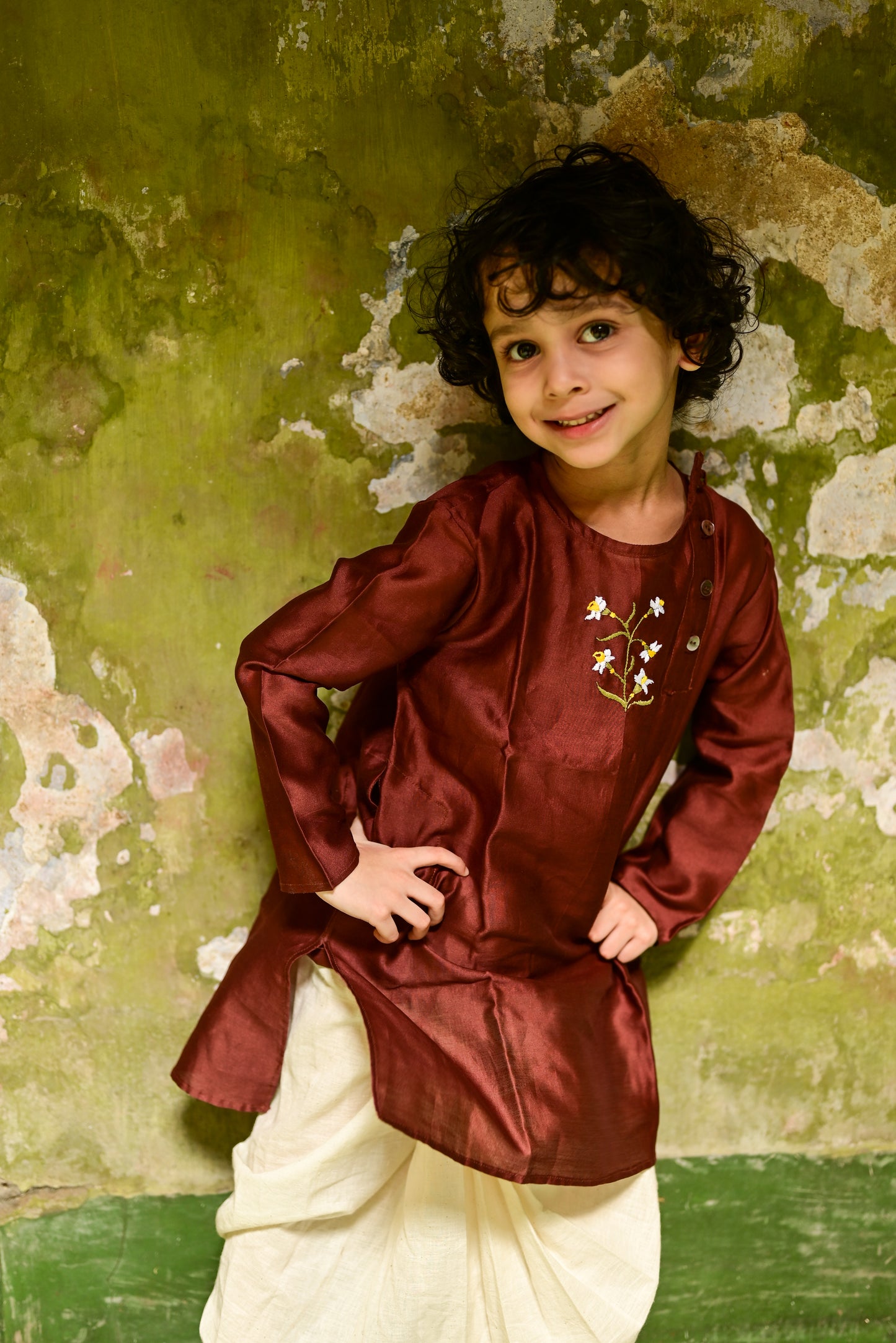 BROWN DAFFODIL EMBROIDERED KIDS KURTA- BLUE DHUTI SET