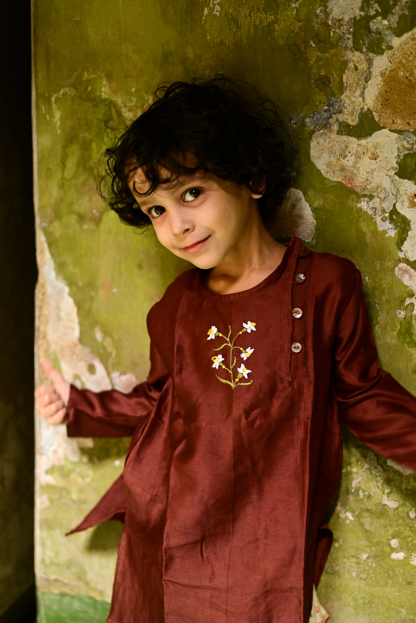 BROWN DAFFODIL EMBROIDERED KIDS KURTA- BLUE DHUTI SET