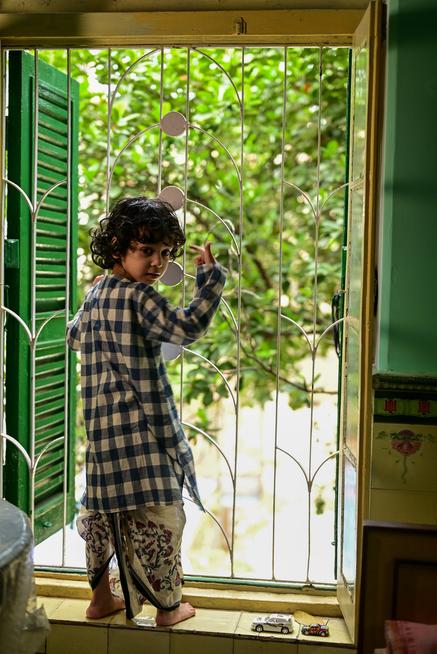 BLUE WHITE CHECK  EMBROIDERED KIDS KURTA- DHUTI SET