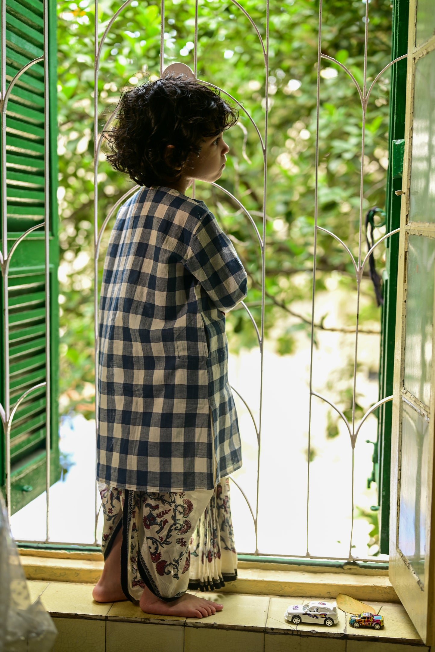 BLUE WHITE CHECK  EMBROIDERED KIDS KURTA- DHUTI SET