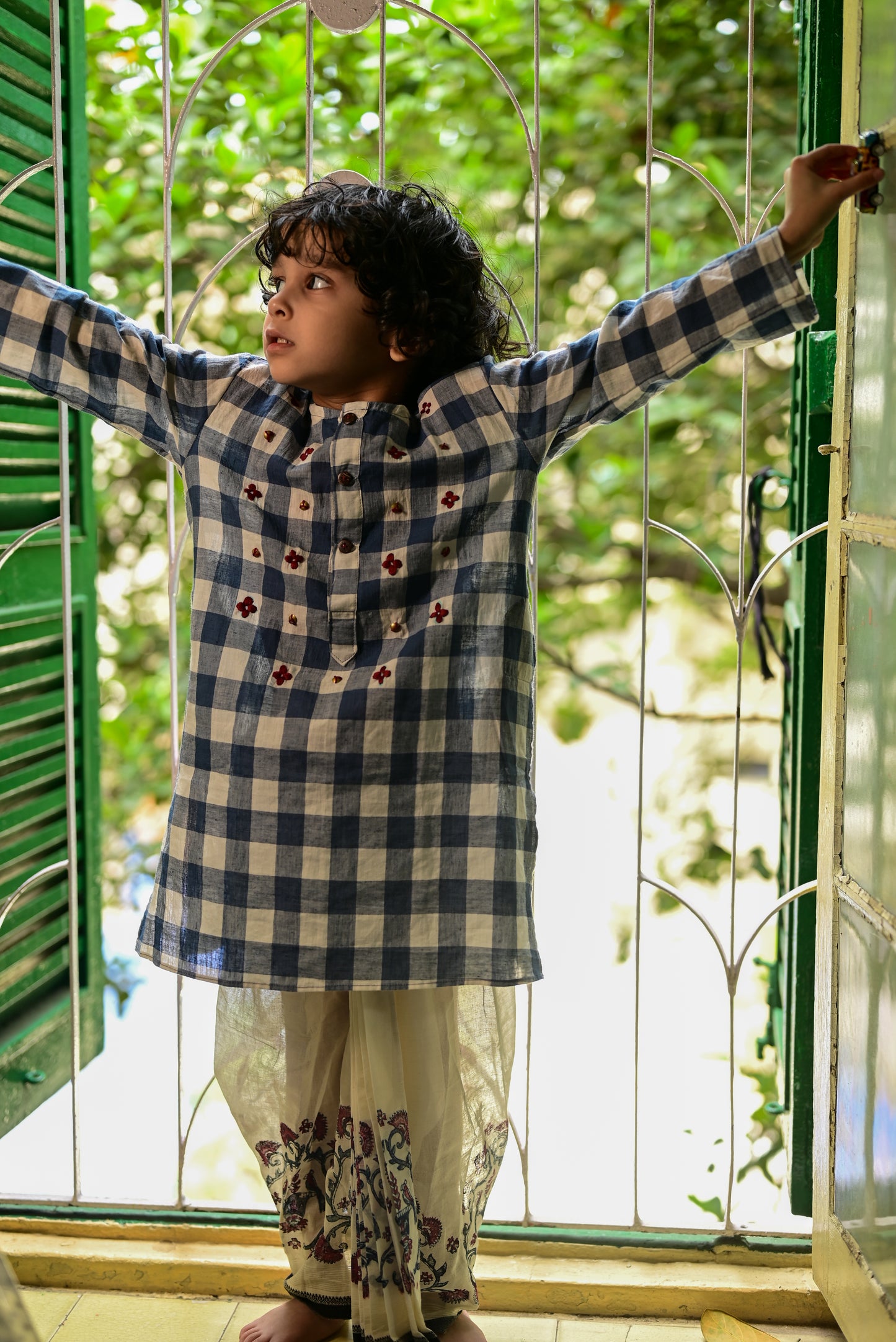 BLUE WHITE CHECK  EMBROIDERED KIDS KURTA- DHUTI SET