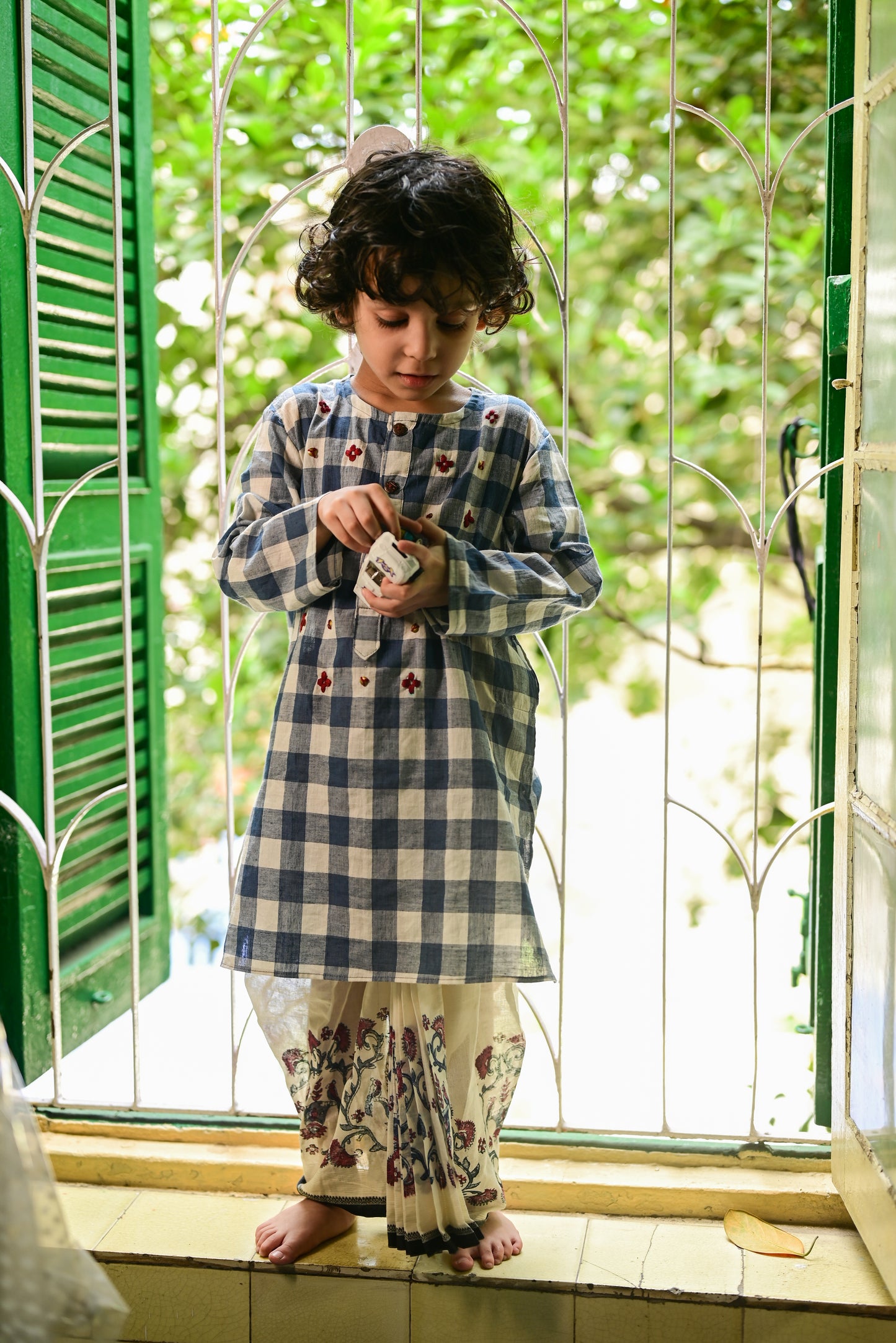 BLUE WHITE CHECK  EMBROIDERED KIDS KURTA- DHUTI SET