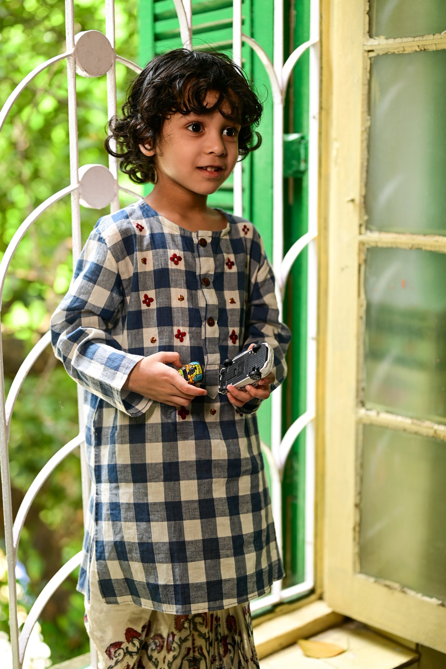 BLUE WHITE CHECK  EMBROIDERED KIDS KURTA- DHUTI SET
