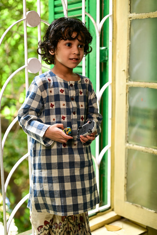 BLUE WHITE CHECK  EMBROIDERED KIDS KURTA- DHUTI SET