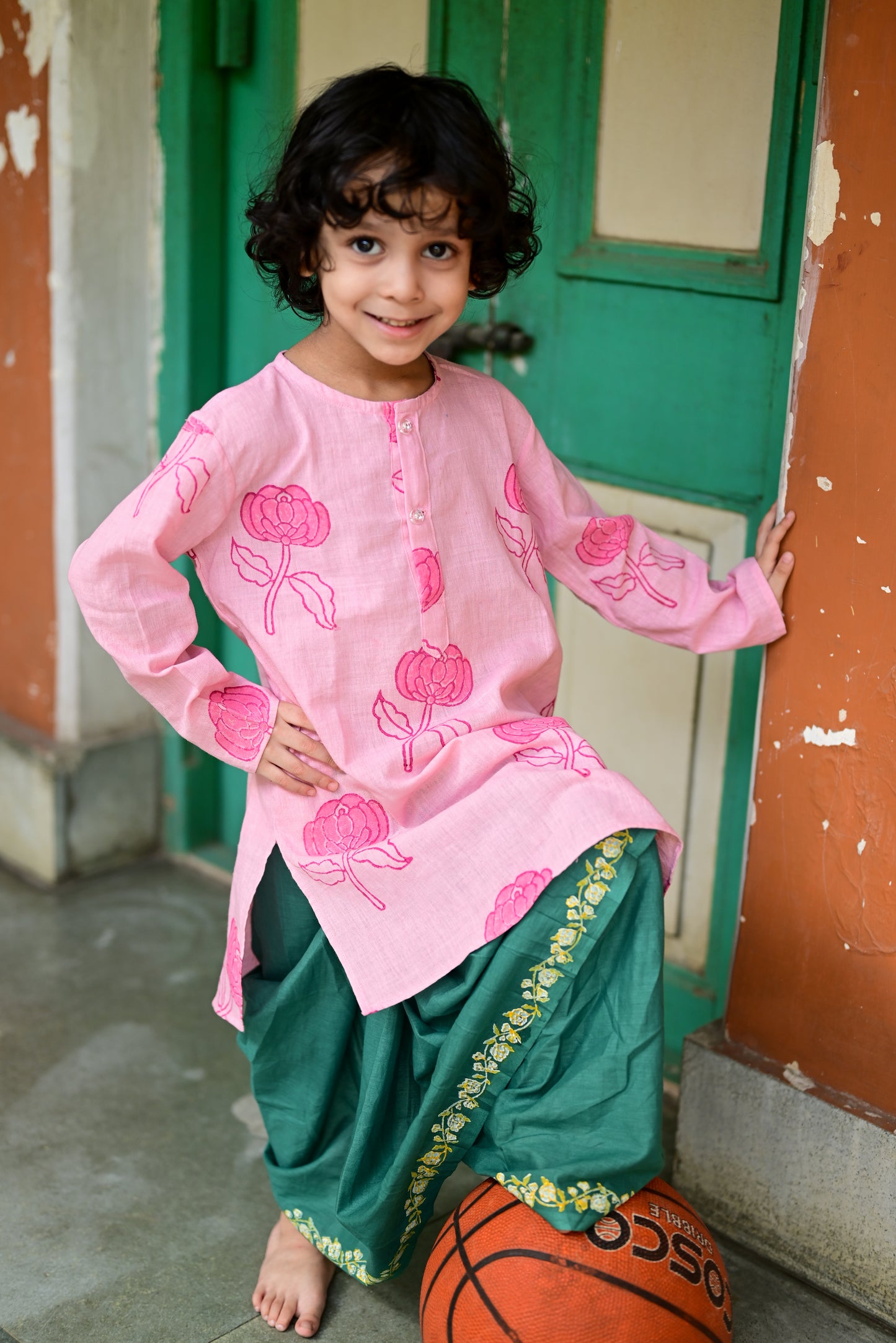 GOLAP PRINTED PINK KIDS KURTA- GREEN DHUTI SET