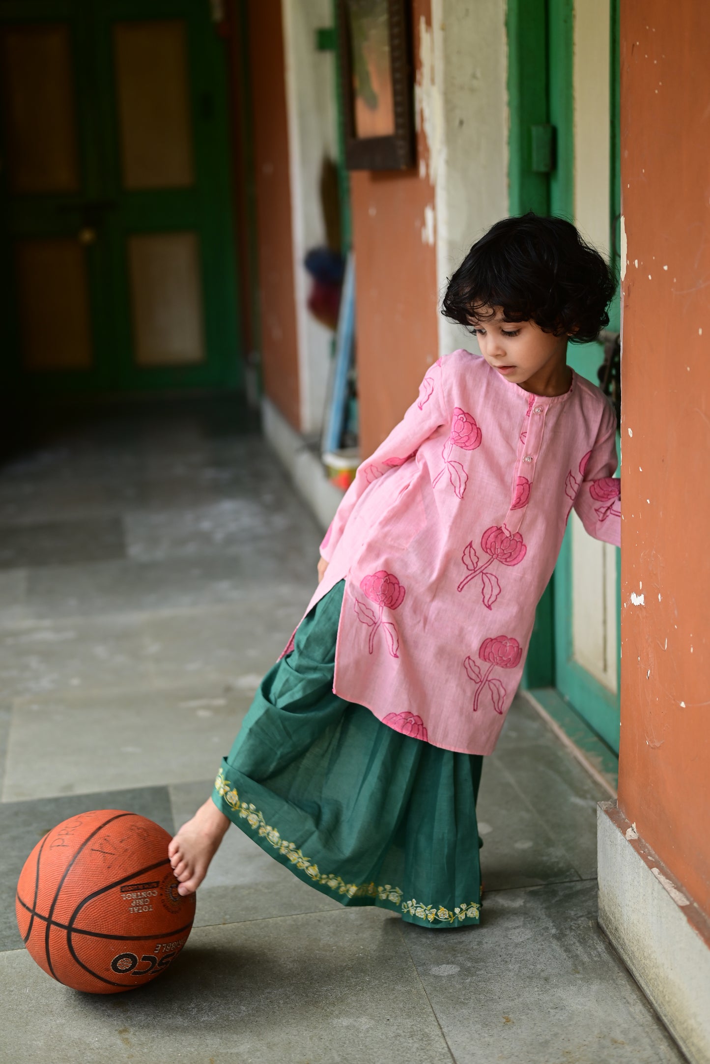 GOLAP PRINTED PINK KIDS KURTA- GREEN DHUTI SET