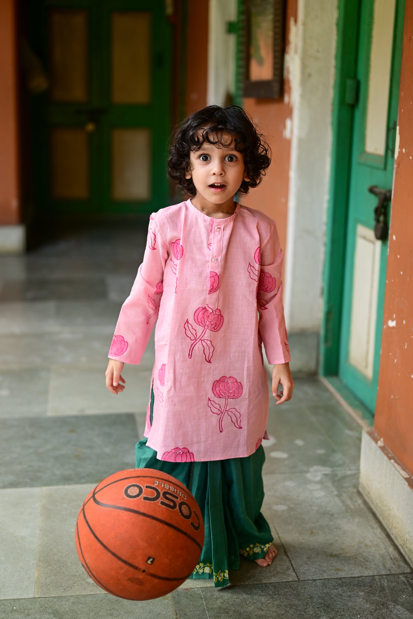 GOLAP PRINTED PINK KIDS KURTA- GREEN DHUTI SET