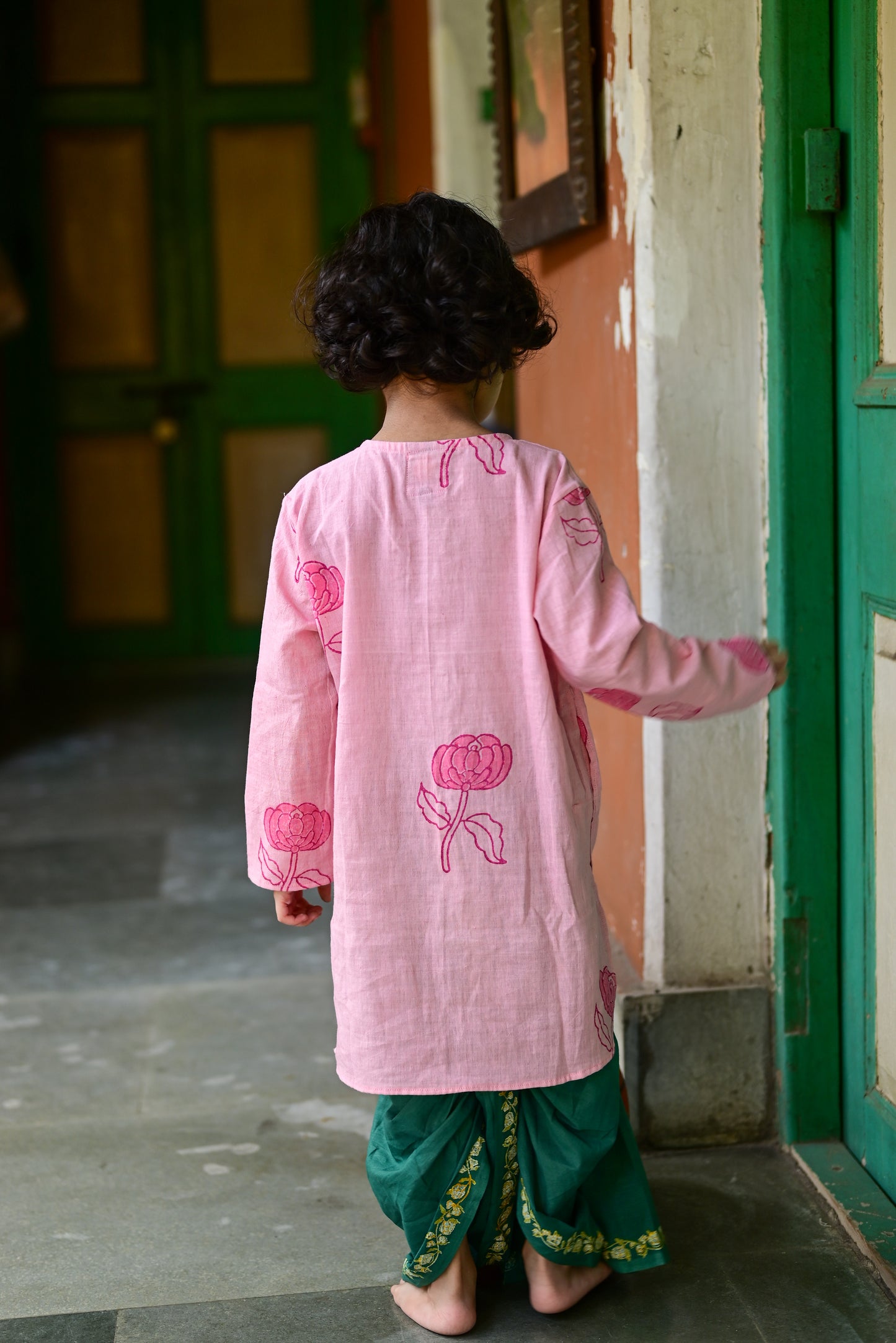 GOLAP PRINTED PINK KIDS KURTA- GREEN DHUTI SET