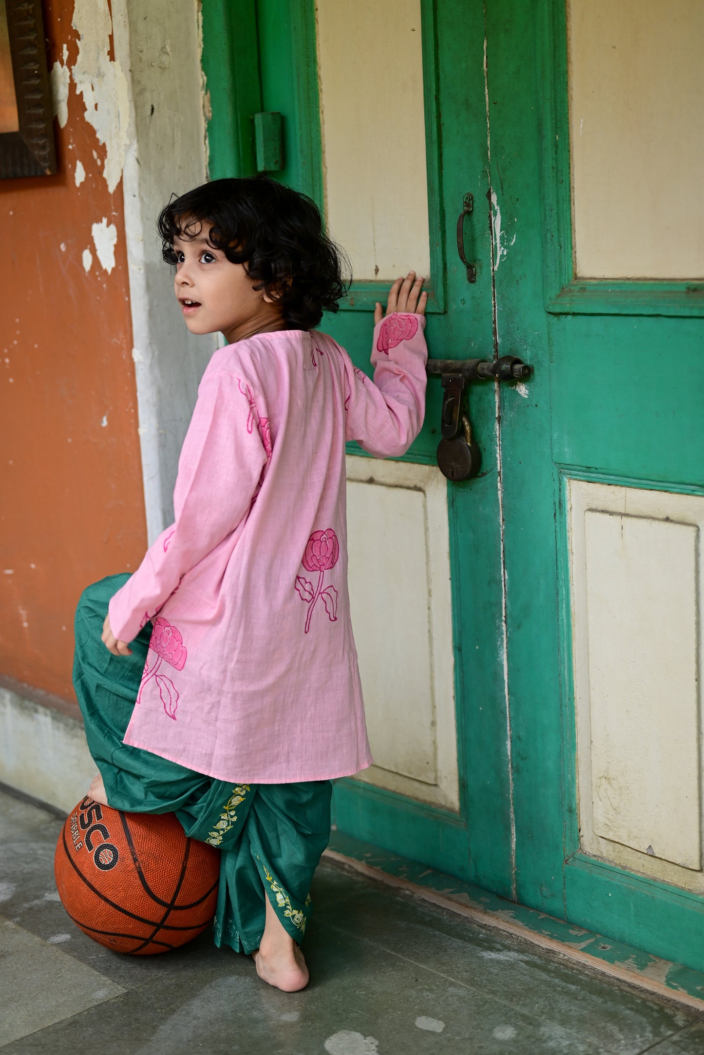 GOLAP PRINTED PINK KIDS KURTA- GREEN DHUTI SET