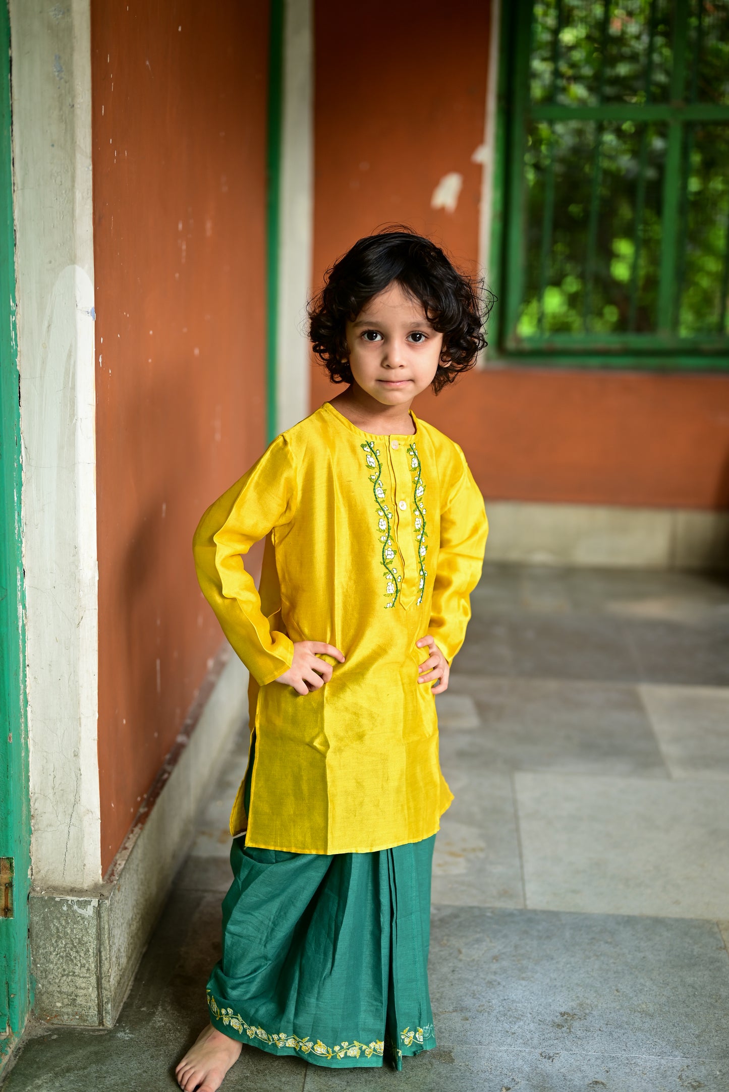 YELLOW CHANDERI EMBROIDERED KIDS KURTA- DHUTI SET