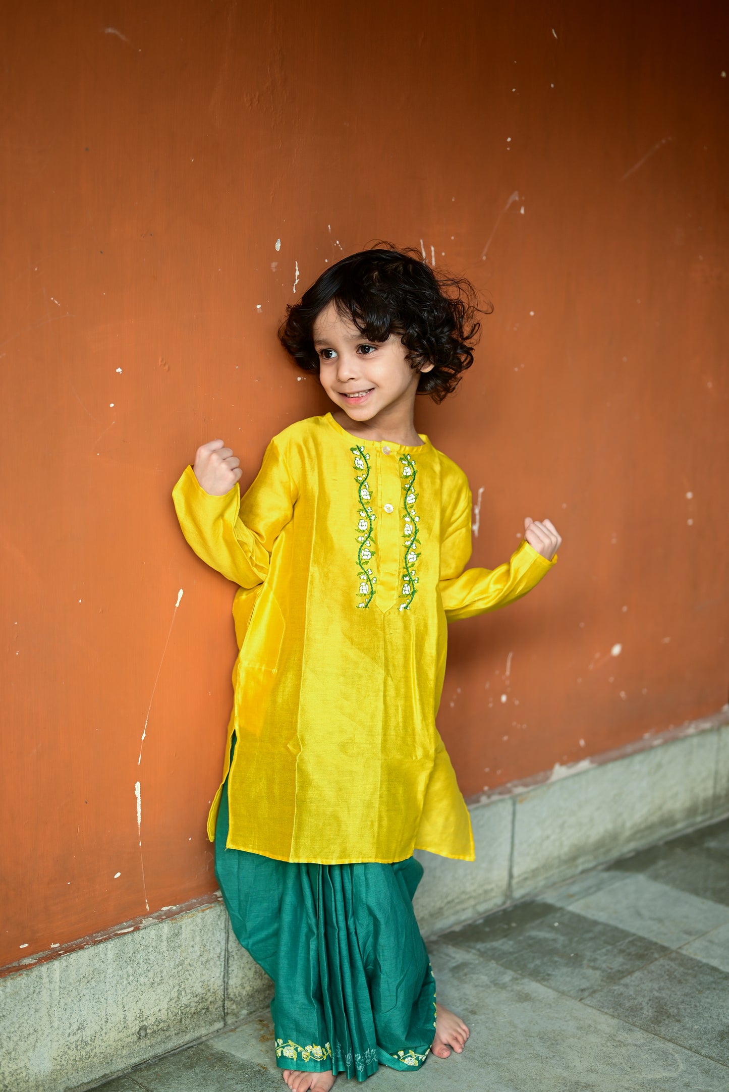 YELLOW CHANDERI EMBROIDERED KIDS KURTA- DHUTI SET