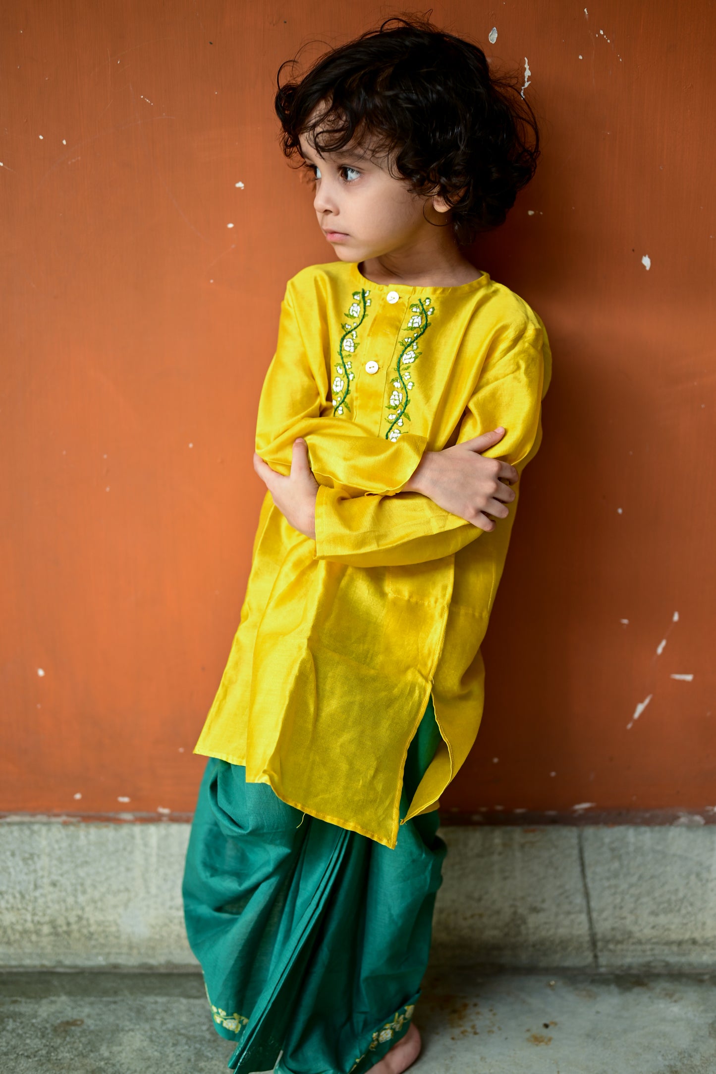 YELLOW CHANDERI EMBROIDERED KIDS KURTA- DHUTI SET