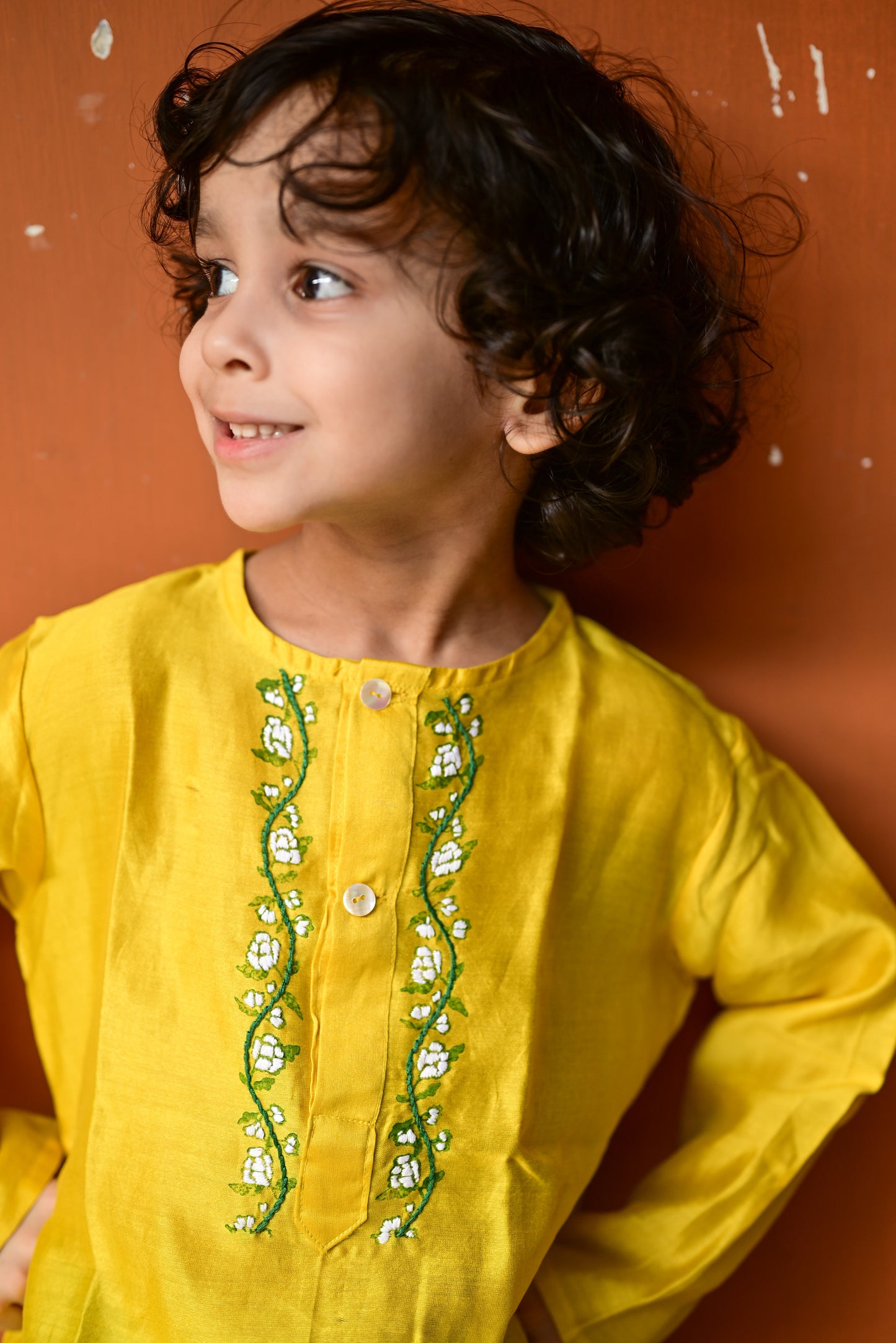 YELLOW CHANDERI EMBROIDERED KIDS KURTA- DHUTI SET