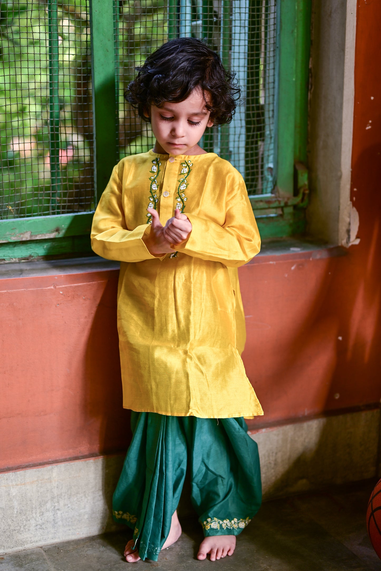 YELLOW CHANDERI EMBROIDERED KIDS KURTA- DHUTI SET