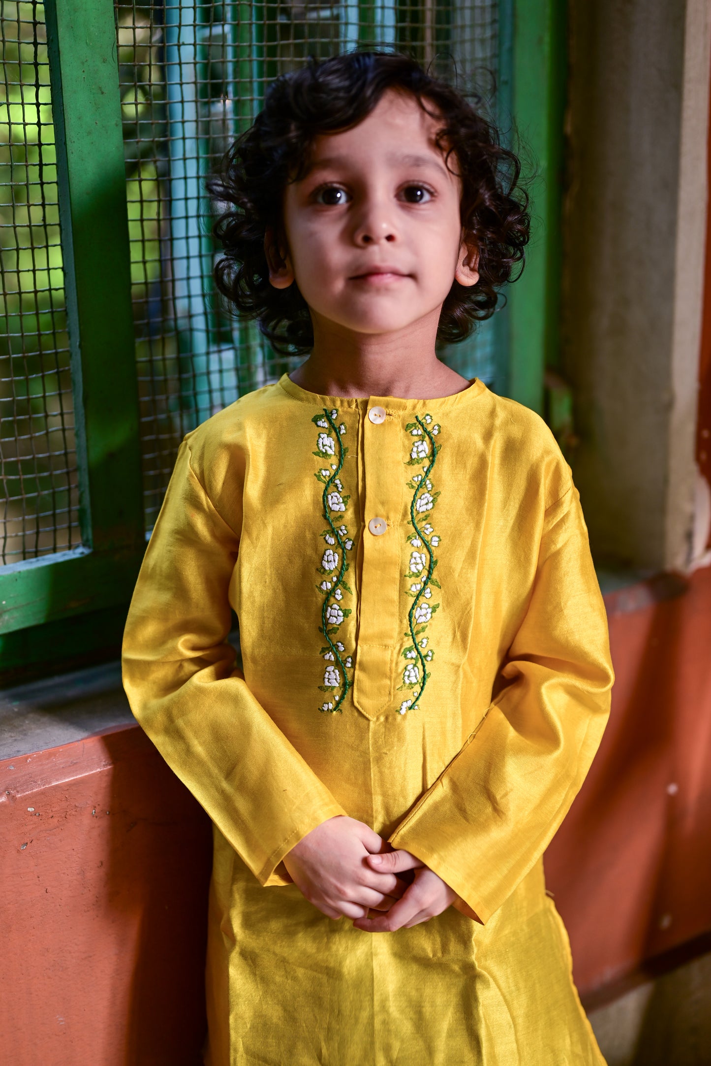 YELLOW CHANDERI EMBROIDERED KIDS KURTA- DHUTI SET