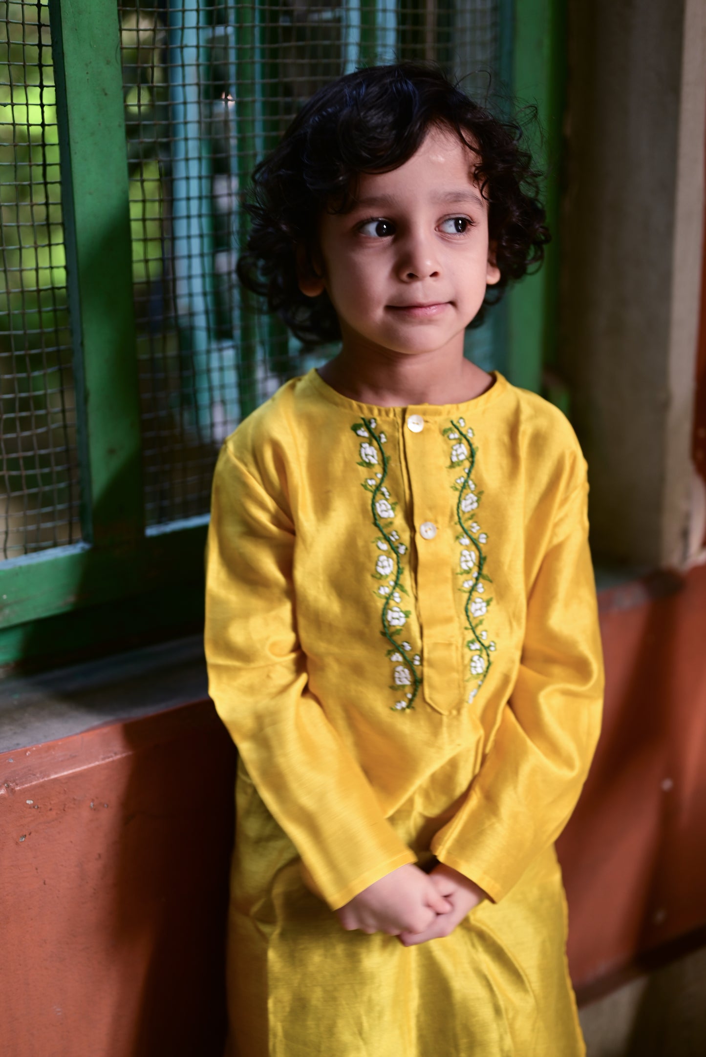 YELLOW CHANDERI EMBROIDERED KIDS KURTA- DHUTI SET