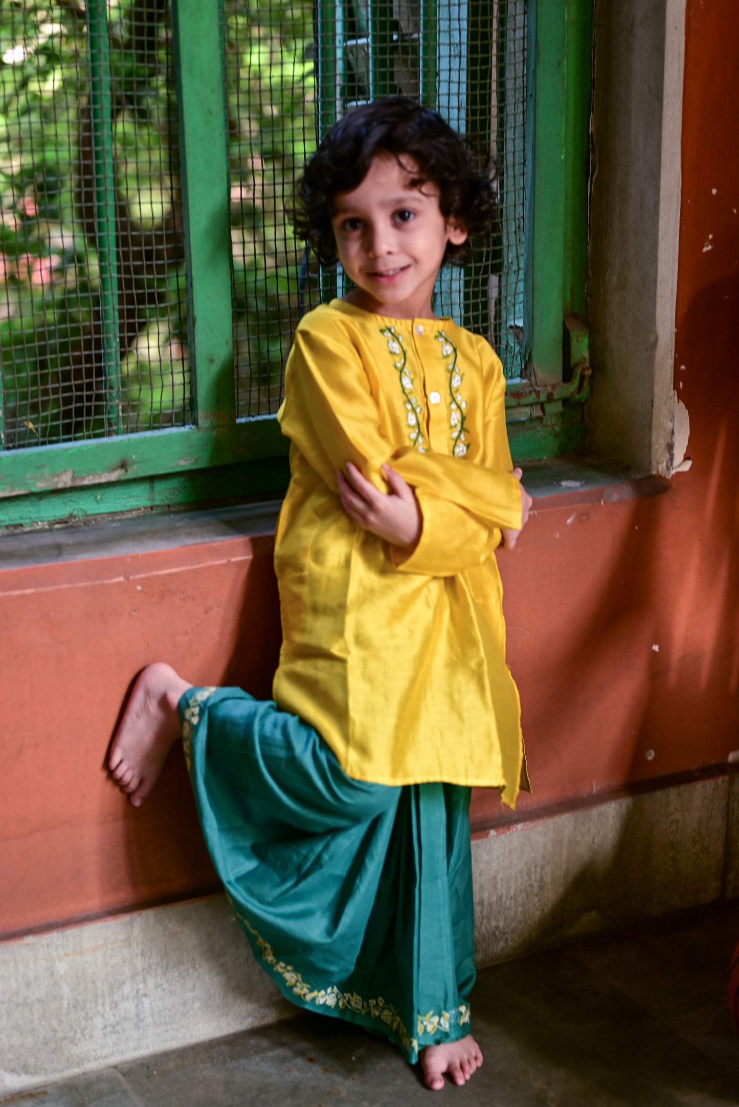 YELLOW CHANDERI EMBROIDERED KIDS KURTA- DHUTI SET