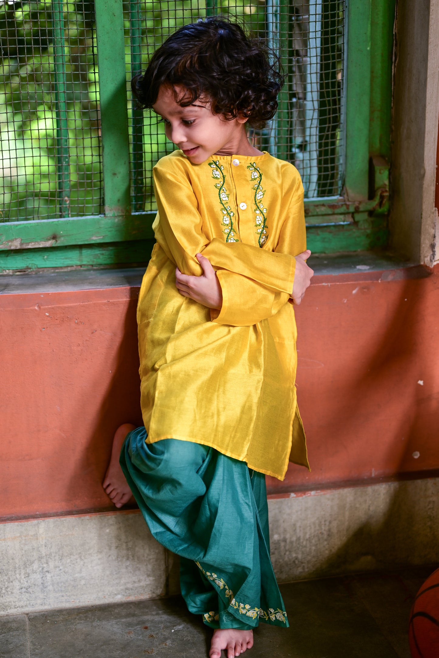 YELLOW CHANDERI EMBROIDERED KIDS KURTA- DHUTI SET