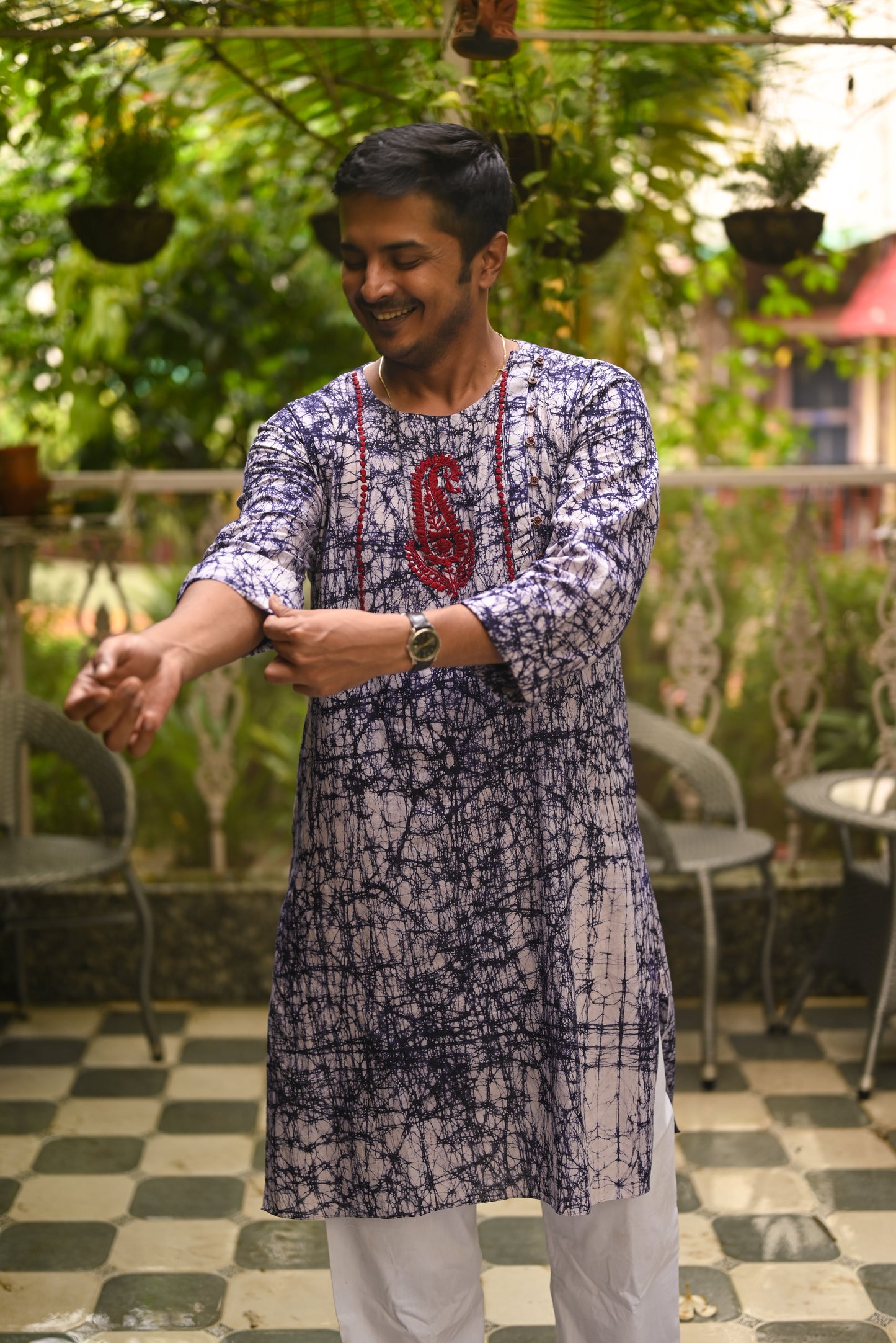 BLUE BATIK EMBROIDERED COTTON KURTA
